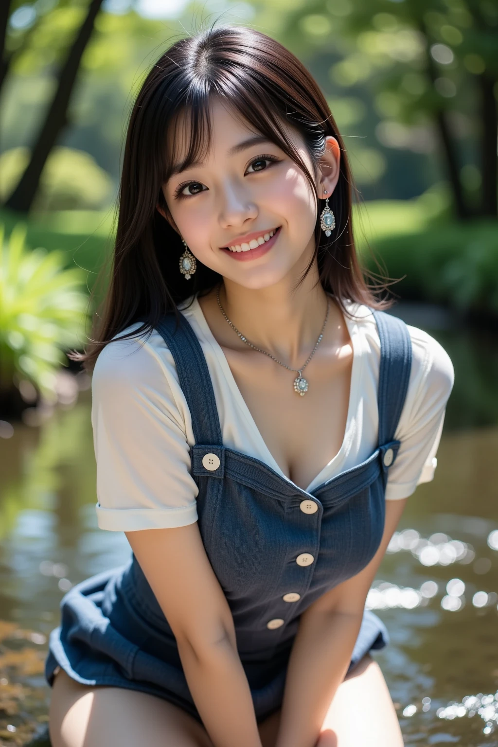 (masterpiece:1.2, top quality ,real photo),ars old , japanese ,girl,break,,,(not nsfw ,,school uniform,lift skirt:1.5),break,((),break,(on the bank of spring,forest,,no nipples:1.3),break,(smile:1.),break,(  pose,petie,, fancy earrings, necklace ,, small chest ,  ,  ,  .:1.1),(short height, Very Slim Body,pale skin,soft skin :1.2),break, black hair,long hair,(Beautiful and cute eyes),Blushed,  healthy skin, ,break,( Watch Viewers .throw:1.3),(sea:1 ),8k resolution,,break,(perfectly focused :1.3),,(, colorful ,:1),,( depth of field ),,Bokeh,A small bikini with a ,Luminous and  colorful  lighting setup for model photography,lens flare,, cinematic lighting,   ray tracing 、