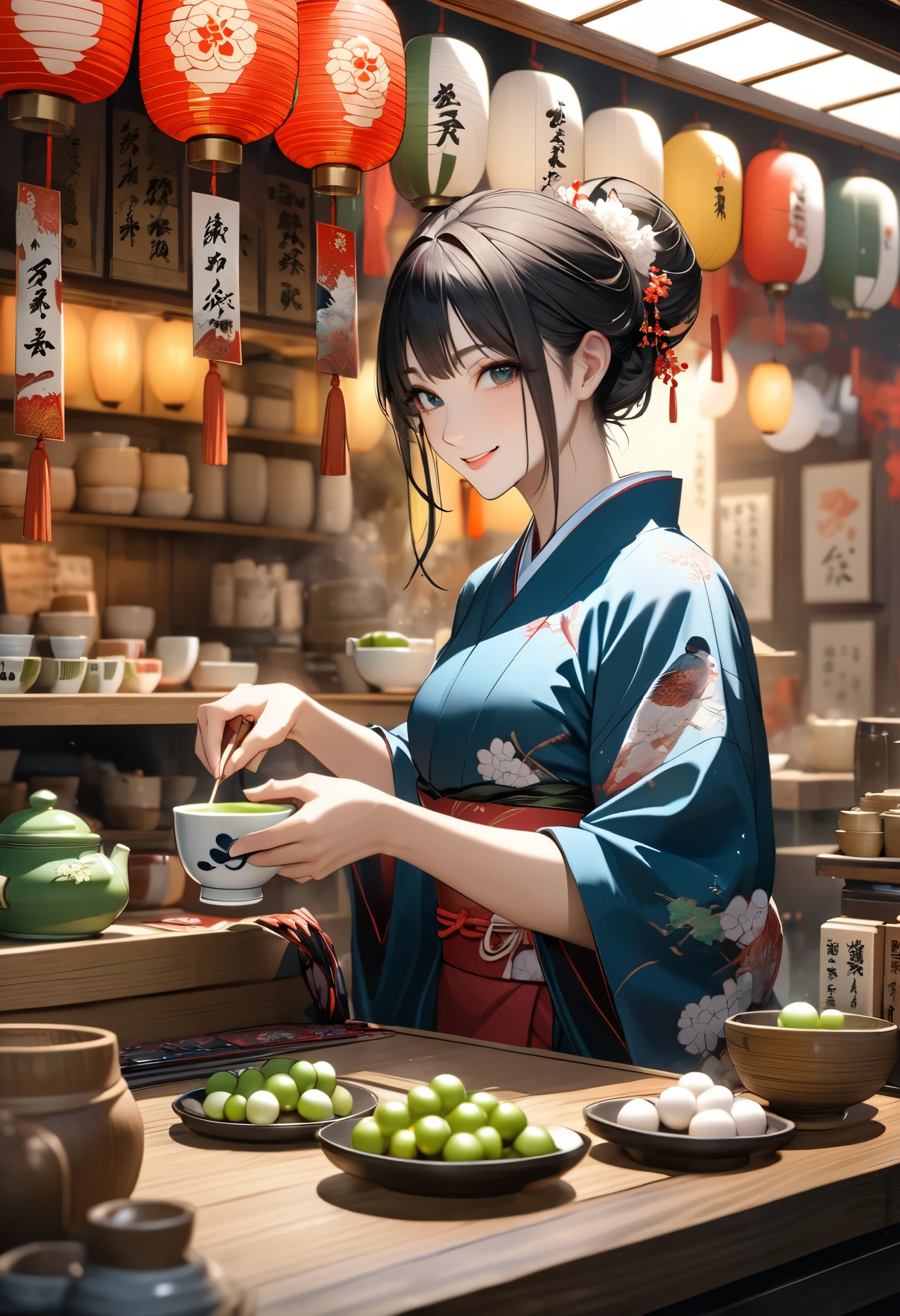 A detailed, highly realistic Japanese ukiyo-e painting of a traditional Japanese festival with a food stall serving delicious dango, a person pouring green tea into a yunomi teacup, and a friendly shopkeeper smiling at the viewer, vibrant colors, intricate details, masterpiece quality, photorealistic, 8k, studio lighting, physically-based rendering, extreme detail description, professional, vivid colors, bokeh