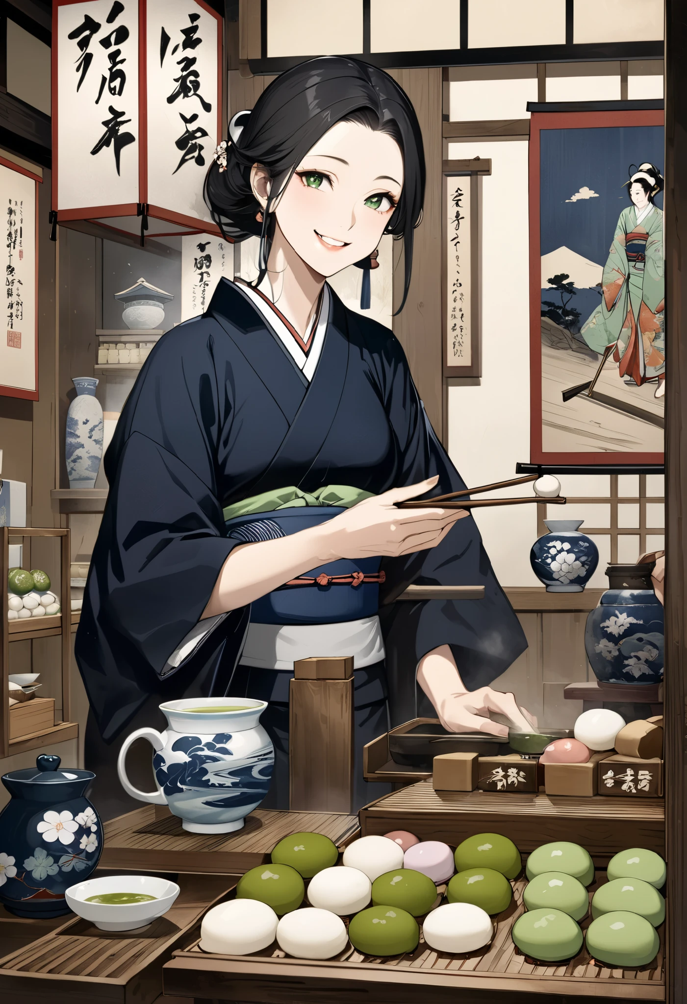  Ukiyo-e , Historical painting,  super realistic , stall, fair, Delicious dango ,  green tea brewed in yunomi, Japanese Sweets Shop , I smile at you,  very tasty food report