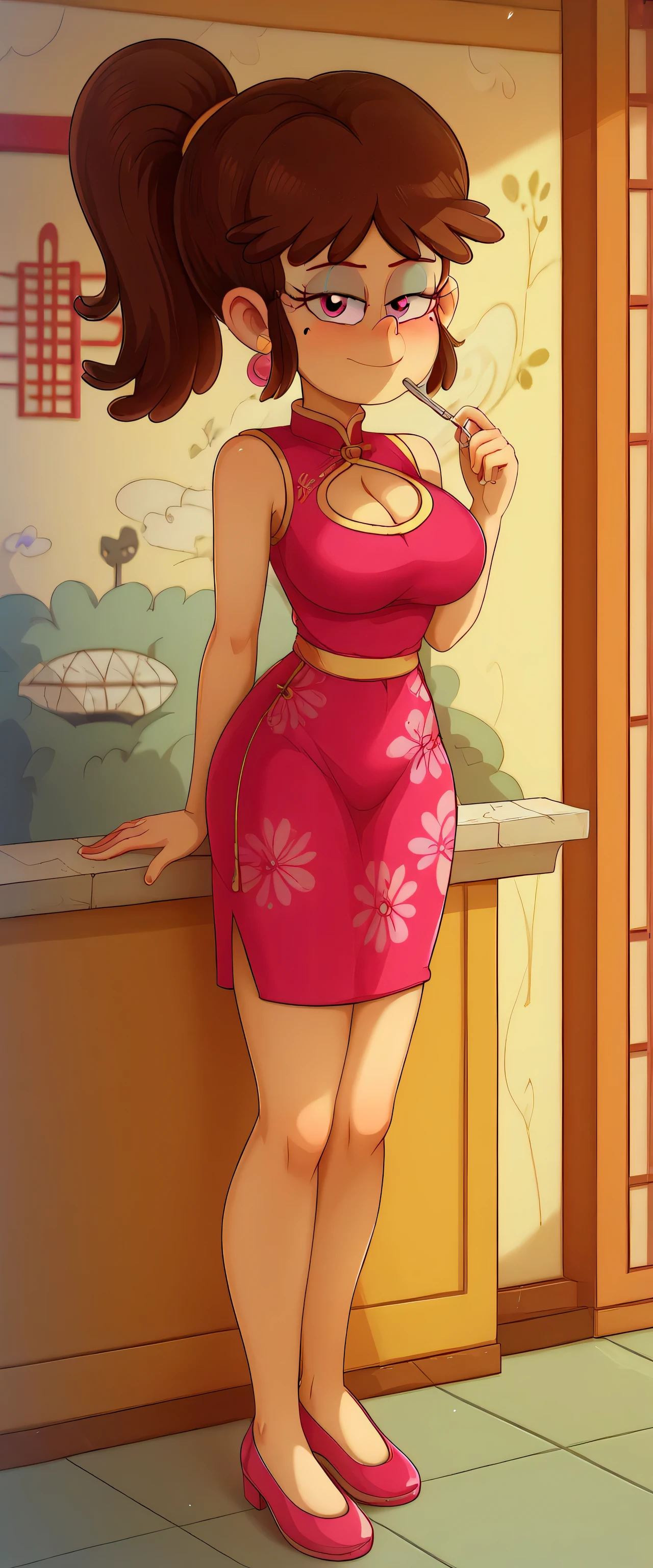 safe_pos, score_9, score_8_up, score_7_up BREAK f10n4, brown hair, ponytail, mole under eye, pink eyes, the loud house,1girl, solo, aged up, BREAK large breasts, BREAK looking at you, pink cheongsam, inside of a chinese temple, full body view, standing