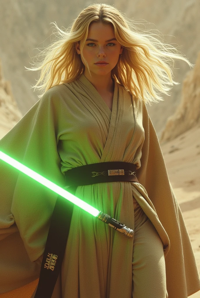 Milly Alcock, blonde hair, jedi battle robe dress, holding a green lightsaber 