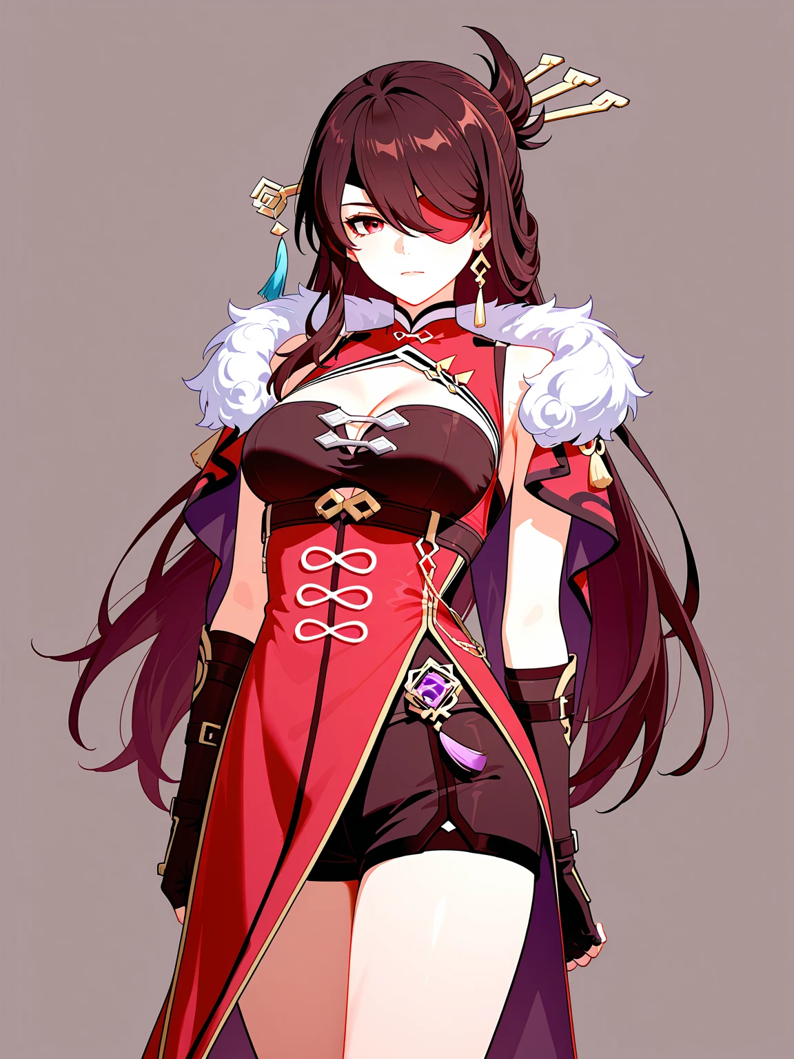 Cowboy shot, From front, Beidou (genshin impact), Long hair, Brown hair, Sidelocks, Hair stick, Red eyes, Colored eyepatch,