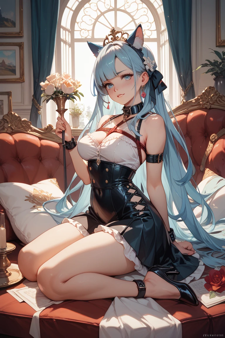 top-quality、animesque、A age girl、Sidetail hairstyle、Mint green hair、小柄、Green eyes、sleepy expression、M Cup Breasts、Wearing a black tight mini skirt over a gray leotard