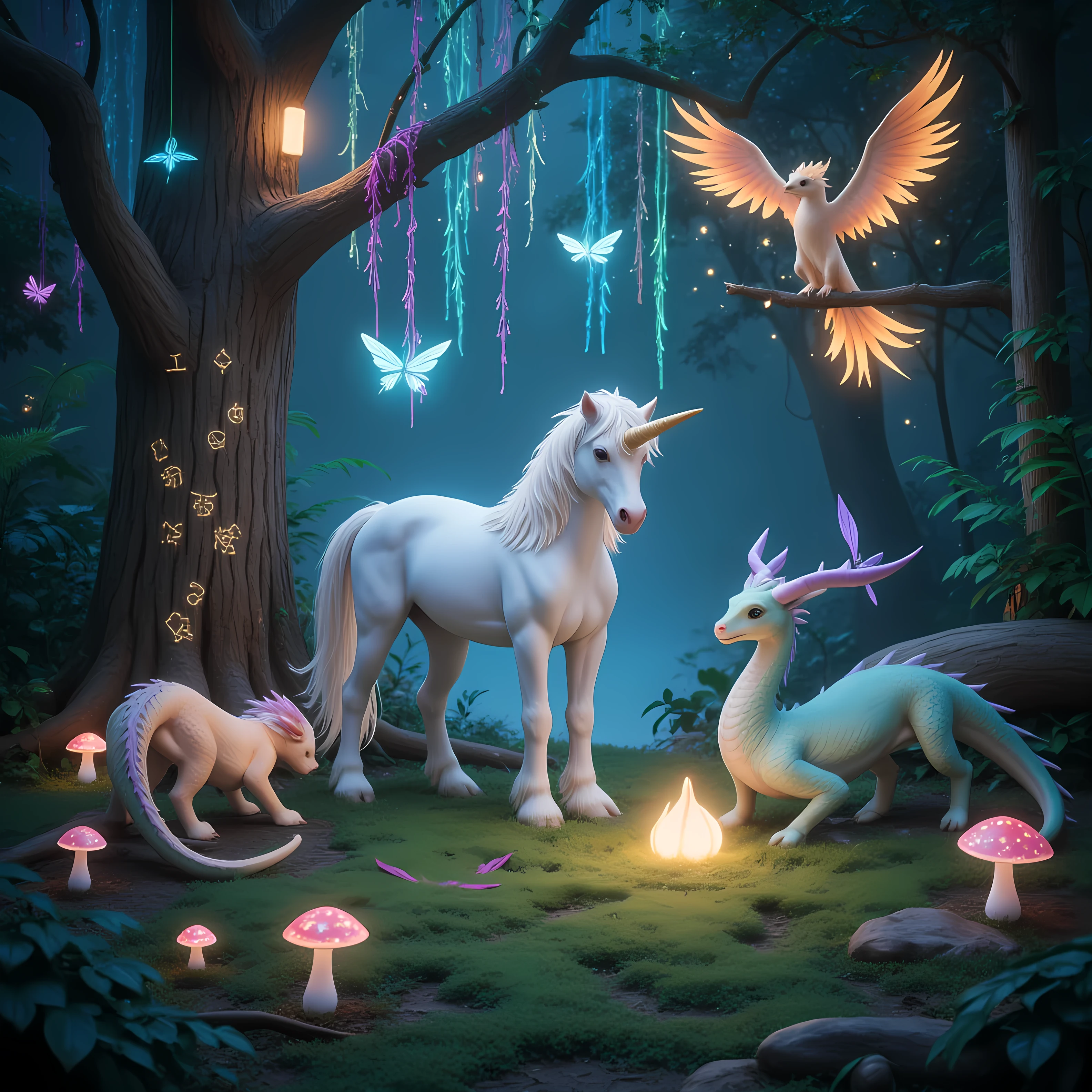 "In a hidden glade deep within the enchanted jungle, a gathering of magical creatures unfolds under a canopy of glowing, multicolored vines. At the center of the scene stands a unicorn with a silvery mane that cascades like liquid starlight, its spiral horn radiating a soft, golden aura. Surrounding it are tiny, winged sprites with glittering wings resembling stained glass, flitting about like living shards of light.
Perched on a nearby branch is a luminous phoenix, its feathers flickering between shades of fiery orange and soothing cerulean blue, casting flickering shadows on the mossy ground. A pair of gentle, jade-scaled dragons no larger than housecats curl around the roots of an ancient tree whose bark glows faintly with runes of unknown origin.
Hovering in the air are shimmering will-o'-the-wisps, their faint whispers echoing like distant bells. The ground is carpeted in soft, bioluminescent moss, dotted with mushrooms that pulse in rhythm with the jungle's heartbeat. The atmosphere hums with magic, as if the creatures themselves are the very soul of the jungle's enchantment."