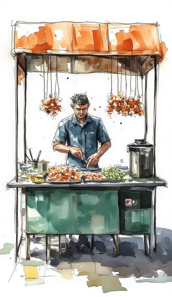 a photograph of a man making satay in his food stall, white background