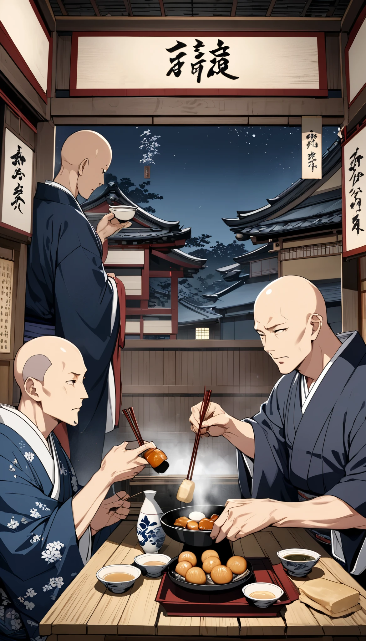  Ukiyo-e , Historical painting,  super realistic ,  two bald middle-aged men , Japanese stalls , Delicious oden is soaked in a square pot, While drinking sake, tipsy and chatting ,  Very Delicious Food Report,  heartwarming scene on a cold night