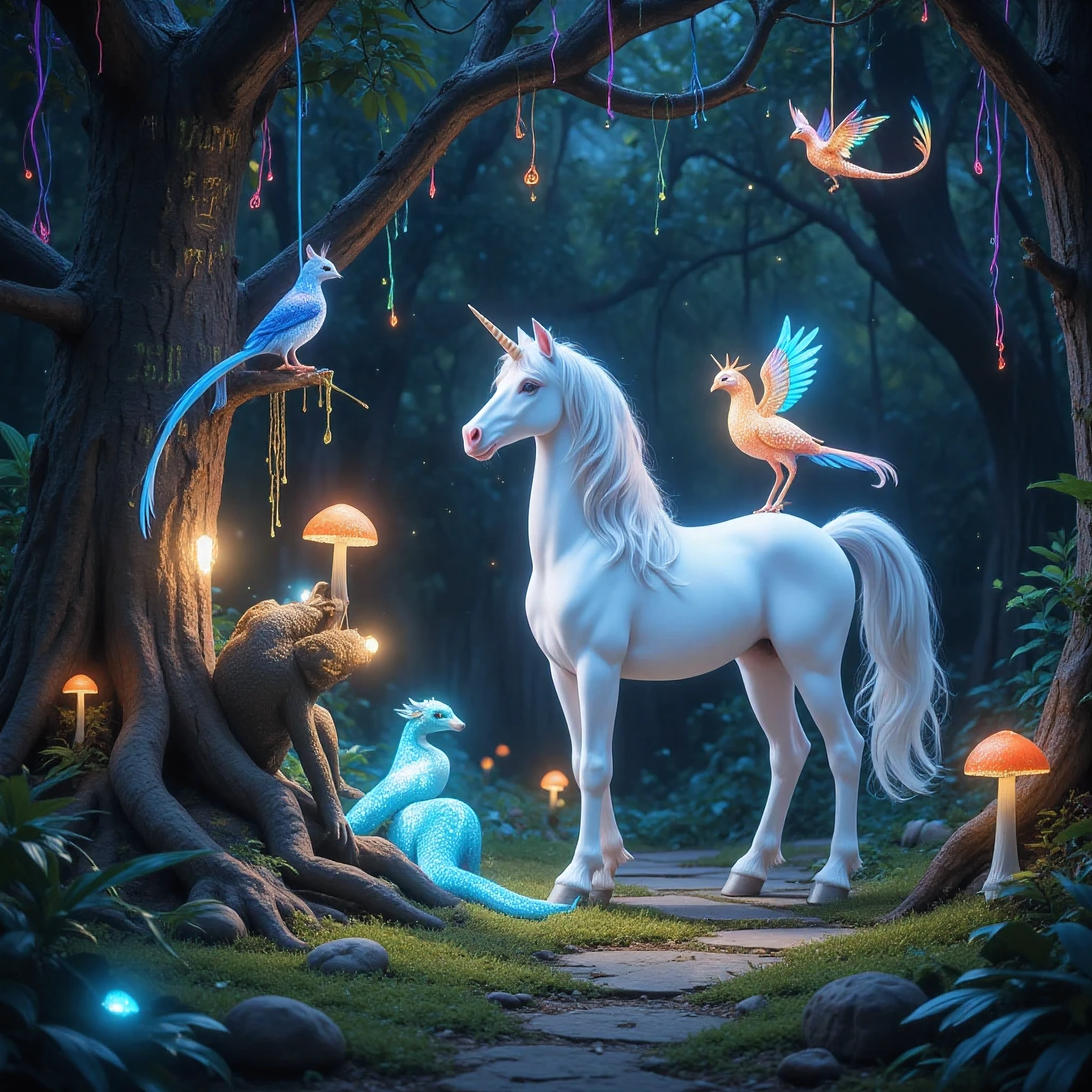 "In a hidden glade deep within the enchanted jungle, a gathering of magical creatures unfolds under a canopy of glowing, multicolored vines. At the center of the scene stands a unicorn with a silvery mane that cascades like liquid starlight, its spiral horn radiating a soft, golden aura. Surrounding it are tiny, winged sprites with glittering wings resembling stained glass, flitting about like living shards of light.
Perched on a nearby branch is a luminous phoenix, its feathers flickering between shades of fiery orange and soothing cerulean blue, casting flickering shadows on the mossy ground. A pair of gentle, jade-scaled dragons no larger than housecats curl around the roots of an ancient tree whose bark glows faintly with runes of unknown origin.
Hovering in the air are shimmering will-o'-the-wisps, their faint whispers echoing like distant bells. The ground is carpeted in soft, bioluminescent moss, dotted with mushrooms that pulse in rhythm with the jungle's heartbeat. The atmosphere hums with magic, as if the creatures themselves are the very soul of the jungle's enchantment."