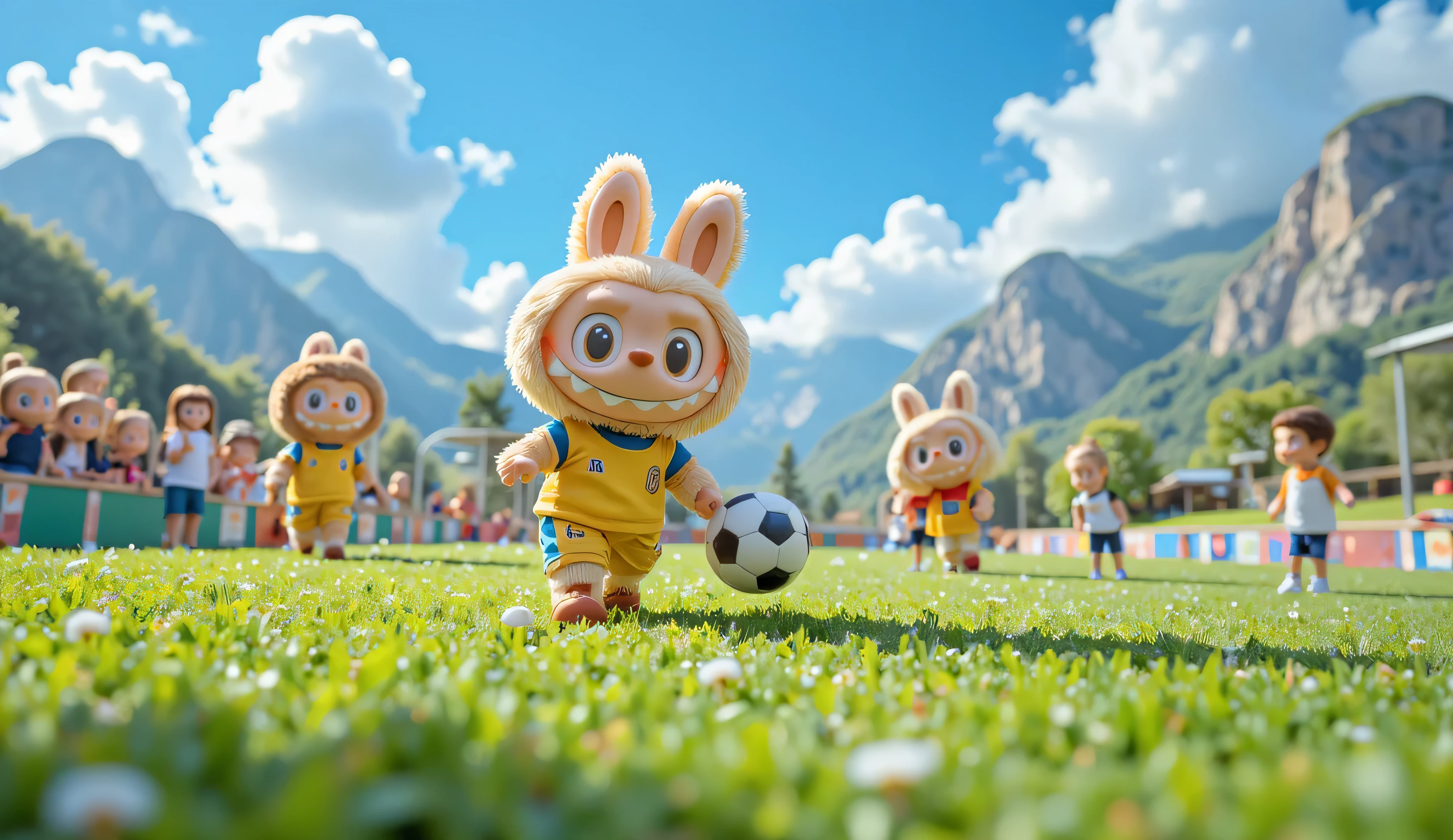 "Labubu runs across a wide green soccer field, dribbling a ball with enthusiasm. The clear blue sky and distant mountains add a vibrant backdrop, while his friends cheer from the sidelines."