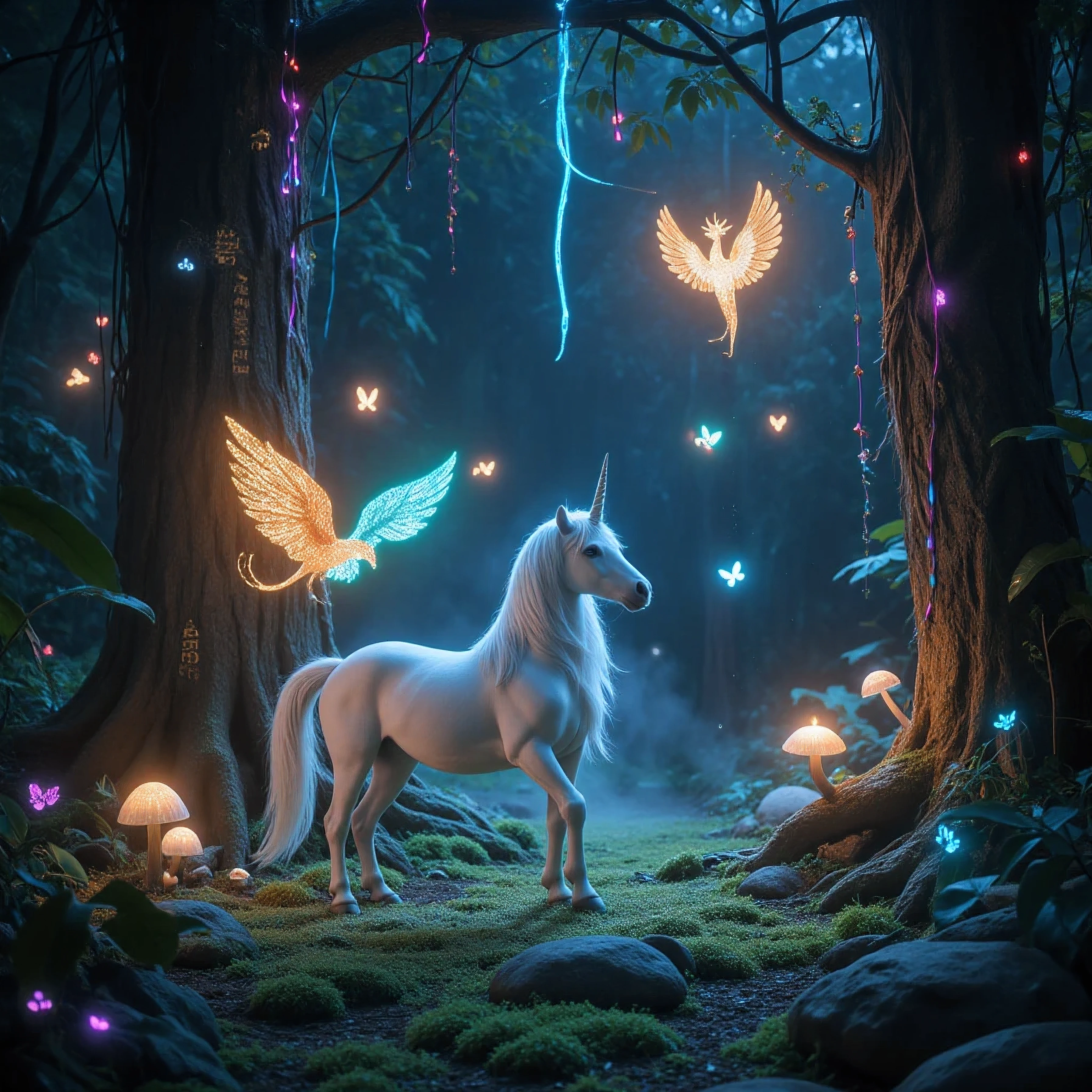 "In a hidden glade deep within the enchanted jungle, a gathering of magical creatures unfolds under a canopy of glowing, multicolored vines. At the center of the scene stands a unicorn with a silvery mane that cascades like liquid starlight, its spiral horn radiating a soft, golden aura. Surrounding it are tiny, winged sprites with glittering wings resembling stained glass, flitting about like living shards of light.
Perched on a nearby branch is a luminous phoenix, its feathers flickering between shades of fiery orange and soothing cerulean blue, casting flickering shadows on the mossy ground. A pair of gentle, jade-scaled dragons no larger than housecats curl around the roots of an ancient tree whose bark glows faintly with runes of unknown origin.
Hovering in the air are shimmering will-o'-the-wisps, their faint whispers echoing like distant bells. The ground is carpeted in soft, bioluminescent moss, dotted with mushrooms that pulse in rhythm with the jungle's heartbeat. The atmosphere hums with magic, as if the creatures themselves are the very soul of the jungle's enchantment."