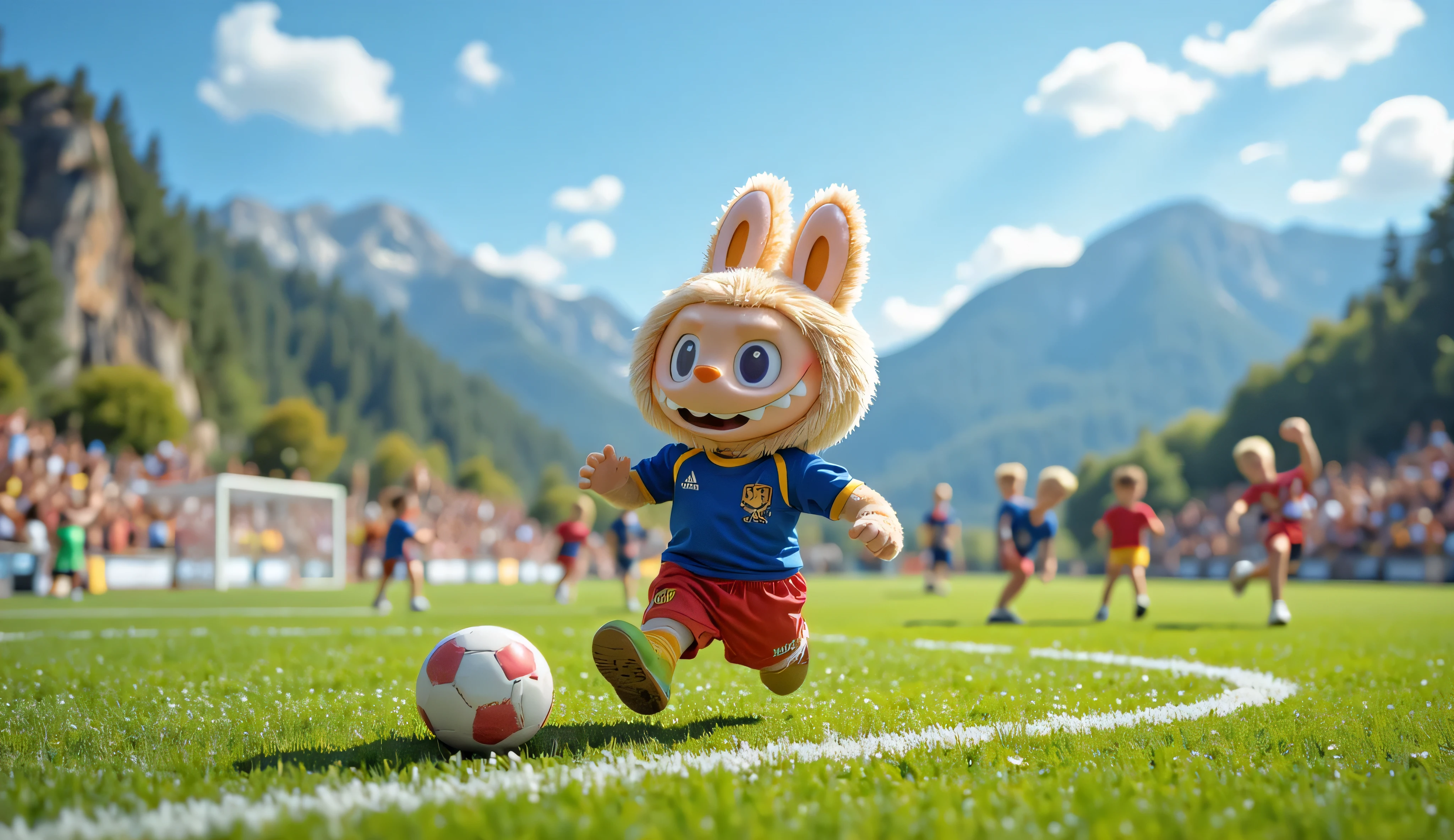 "Labubu runs across a wide green soccer field, dribbling a ball with enthusiasm. The clear blue sky and distant mountains add a vibrant backdrop, while his friends cheer from the sidelines."
