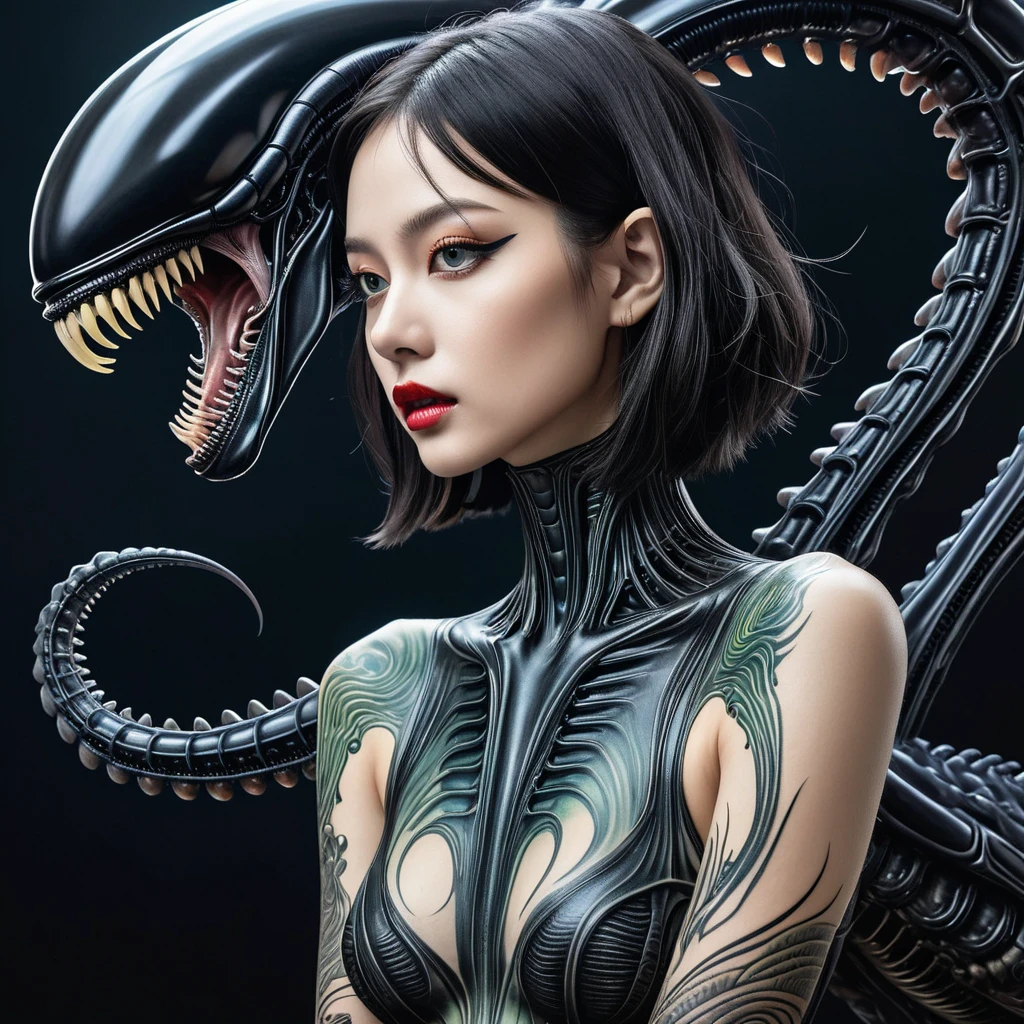 An electrifying x-ray-inspired digital illustration showcases the enigmatic "Xenomorph" in a mesmerizing, asymmetrical pose. Set against a twisted, surreal backdrop, the artwork melds impressionistic details with realistic shaded lighting, accentuating her alien allure and intricate, otherworldly features. Tattoo flash elements provide a bold and edgy layer, harmonizing with the nostalgic vintage tones that evoke retro futurism. The vibrant palette and gritty charm embody a surrealistic and rebellious energy, making this piece a standout for art platforms like DeviantArt. A seamless blend of extraterrestrial mystique and avant-garde design, it captivates with its unique narrative and bold aesthetic.