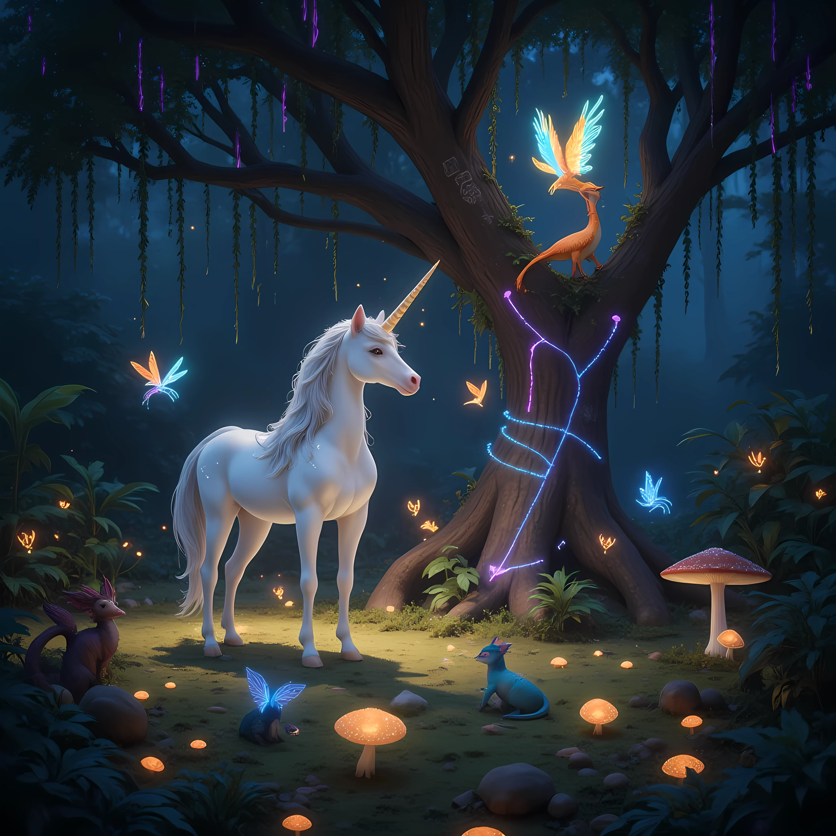 "In a hidden glade deep within the enchanted jungle, a gathering of magical creatures unfolds under a canopy of glowing, multicolored vines. At the center of the scene stands a unicorn with a silvery mane that cascades like liquid starlight, its spiral horn radiating a soft, golden aura. Surrounding it are tiny, winged sprites with glittering wings resembling stained glass, flitting about like living shards of light.
Perched on a nearby branch is a luminous phoenix, its feathers flickering between shades of fiery orange and soothing cerulean blue, casting flickering shadows on the mossy ground. A pair of gentle, jade-scaled dragons no larger than housecats curl around the roots of an ancient tree whose bark glows faintly with runes of unknown origin.
Hovering in the air are shimmering will-o'-the-wisps, their faint whispers echoing like distant bells. The ground is carpeted in soft, bioluminescent moss, dotted with mushrooms that pulse in rhythm with the jungle's heartbeat. The atmosphere hums with magic, as if the creatures themselves are the very soul of the jungle's enchantment."