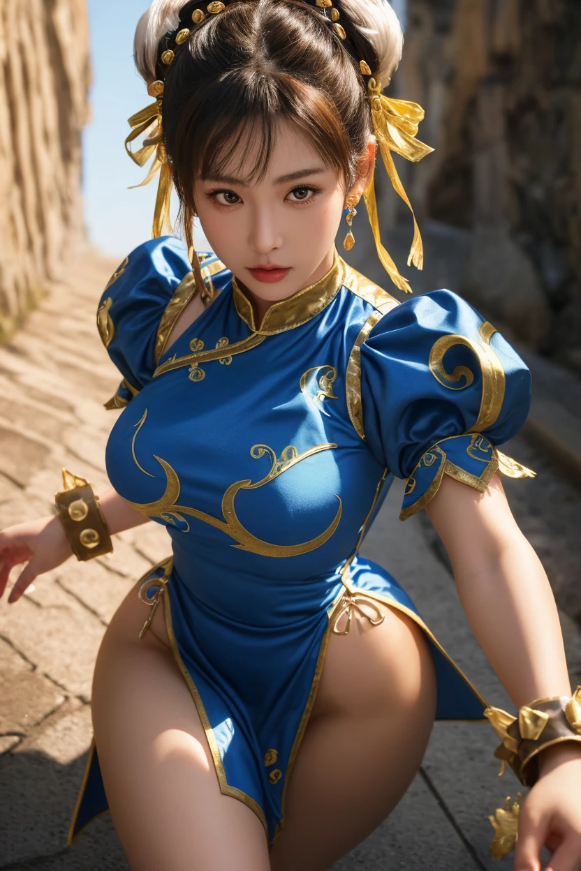 (  surrenders ,32K, masterpiece:1.2),( high resolution skin:1.1),(  High Quality :1.1),
Chunli, (bun cover:1.5),  Double Bang,  eyeliner , Hair Bun, blue  dress,  boots,  bracelets staring at the viewer, brown  pantyhose , china  dress, Chinese clothes,  cross lace footwear ,  dress, Gold trim,  jewelry,  pantyhose ,  pelvic curtains ,  Puff Sleeves , sash, Short sleeve,  Side Slits , spiked  bracelets staring at the viewer, spike,  white footwear ,,( watching viewers ,  is sitting, from below :1.1),, (huge breast, thin waist, wide hip, thick thighs),( beautiful lighting arranged in an orderly manner:1.1),  Shaolin Temple, China-themed,  Blurry Background ,