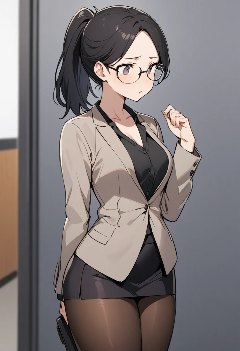  one woman,Plain face,Glasses, ponytail, black hair, smallsaggy tits, office suit, pantyhose,Body type that is too thin, crunchy, office background