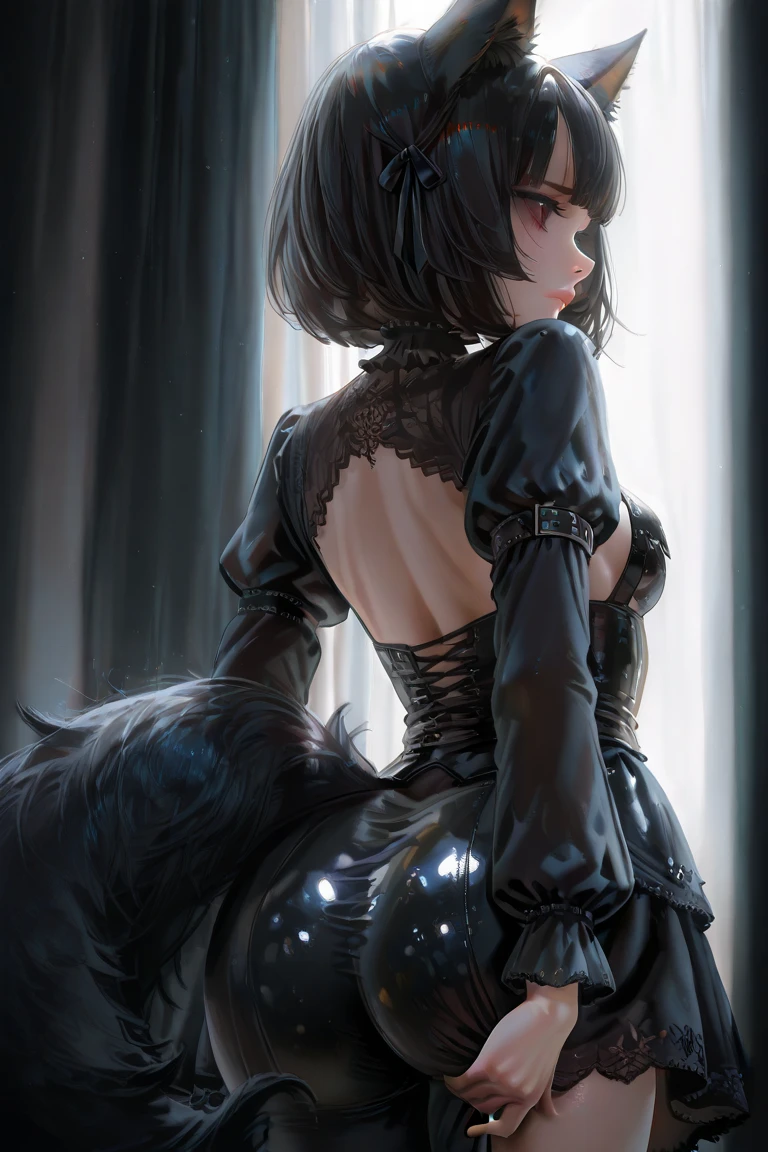  girl,  Black hair,  modern gothic style clothing , elastic ass,  medium chest ,  kind of behind , black fox ears :1.3 ,  black fox tail :1.3