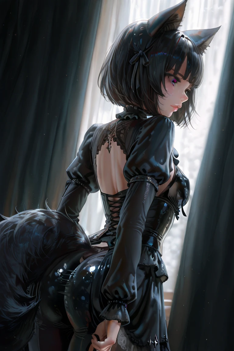  girl,  Black hair,  modern gothic style clothing , elastic ass,  medium chest ,  kind of behind , black fox ears :1.3 ,  black fox tail :1.3