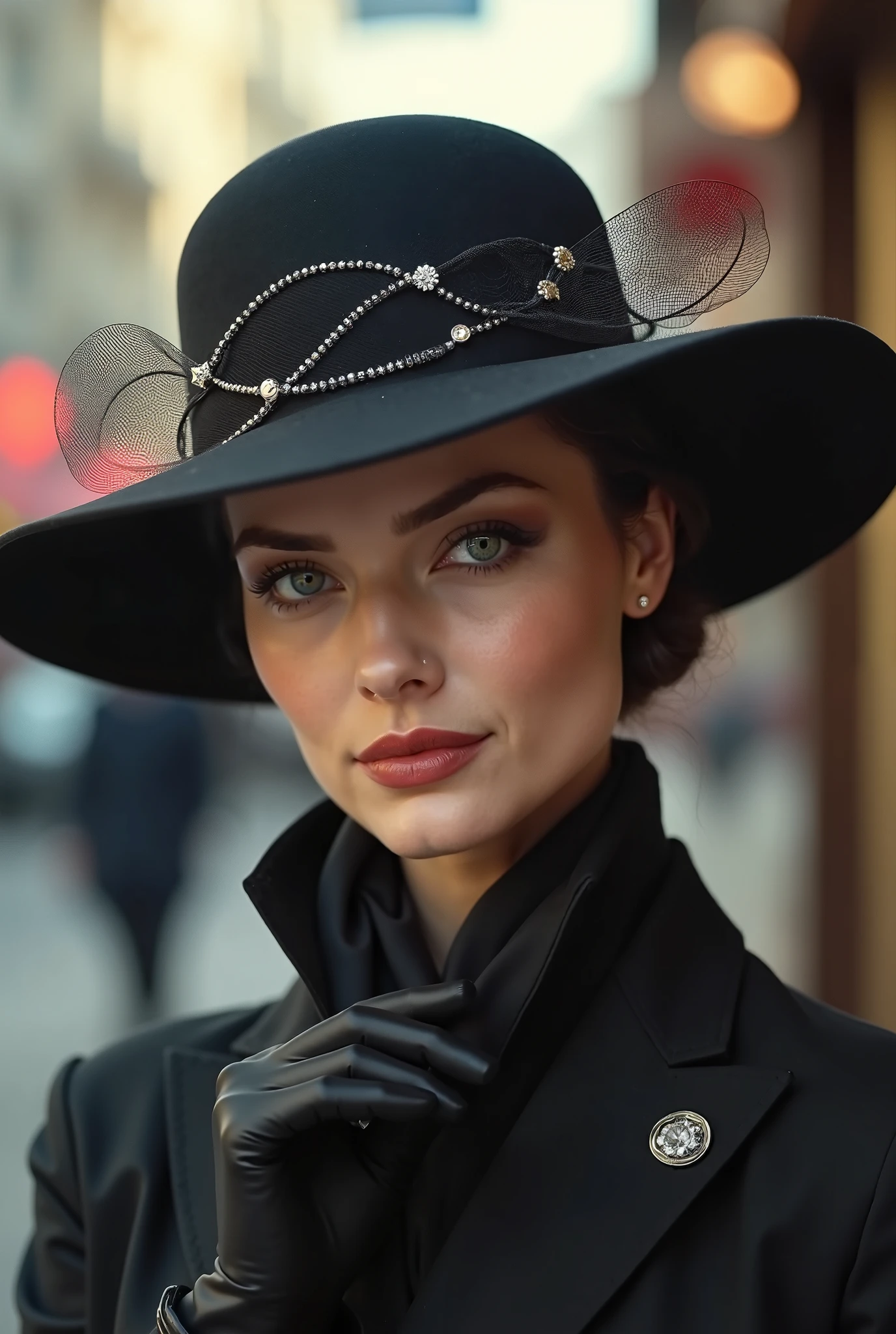 Woman wearing black hat and gloves standing on a city street - SeaArt AI