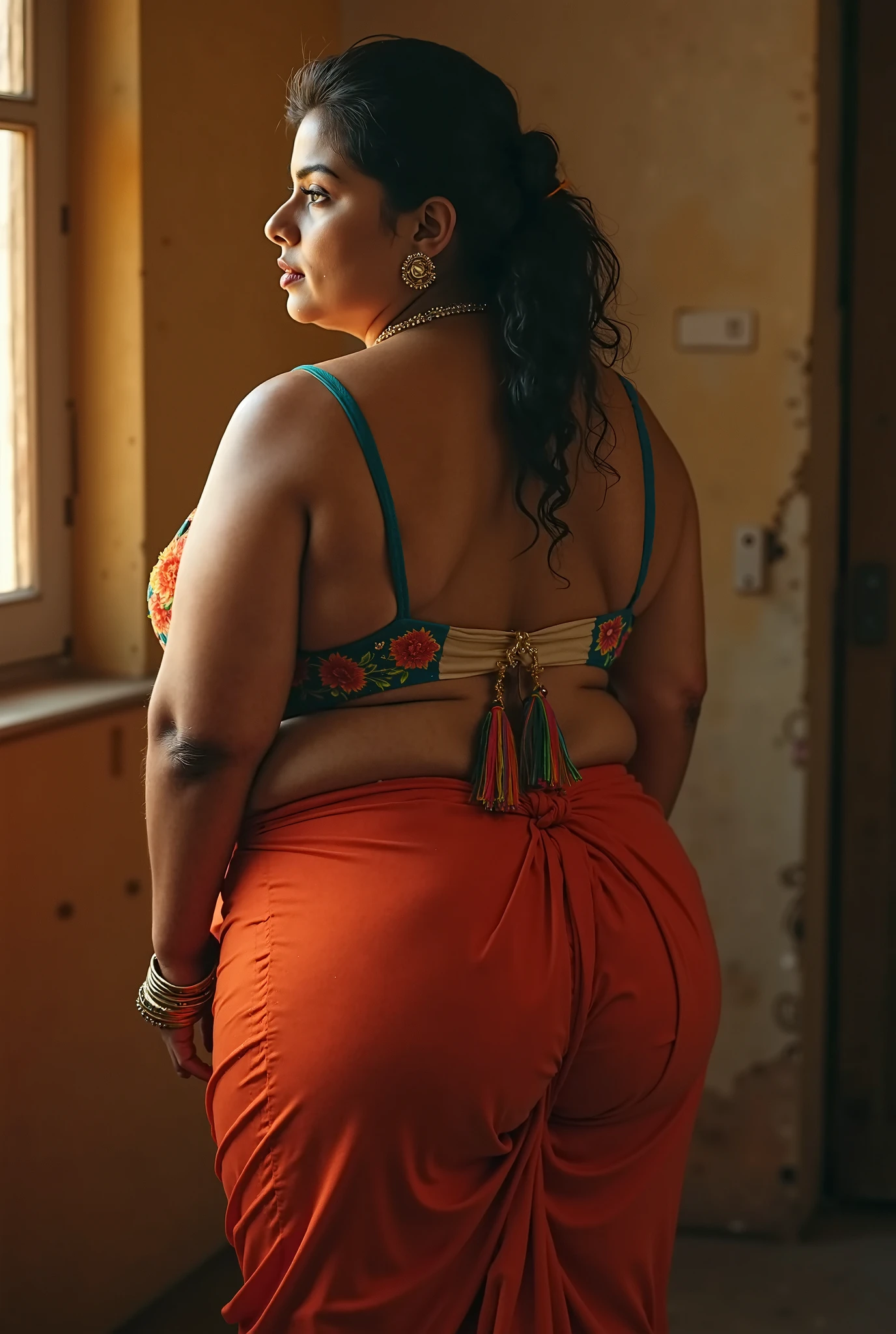 An Extremely gorgeous and beautiful Bengali village woman, 45 yo, pale white skin, sensual appealing body, perfect thick and chubby Beauty, wearing saree bare-chested, curvy, sexy navel folds, fleshy figure, Bengali village style saree, wearing a Bengali-style saree without a blouse,, ethnic vintage bengali village woman, bengali style saree, The sari was worn without a blouse and petticoat before the British Raj, baring one's chest or being blouseless, simple village ornaments, Bengalis a.k.a. Bongs are known for their unique Bengali fashion sense (the way they don that sari makes you go wow), Pre British Raj, Pre colonial era, Bengali Woman draping sari without blouse is a normal thing in pre British Era, bong woman, fine Art photography, artistic photography, sensually appealing, erotic fantasy, ethnic traditional beauty, real armpit hair, low waist saree, insane details, curvy figure,