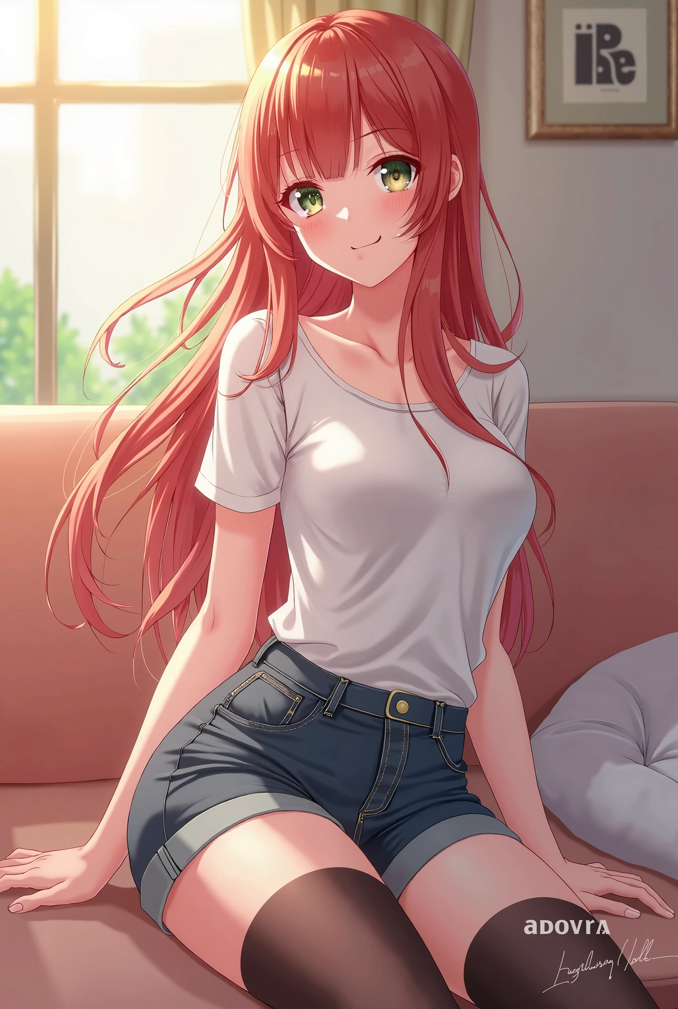 top-quality、超A high resolution、 1 人、Red T-Shirt E Cup、Hair blonde、a miniskirt、sit on sofa、Sexy face smile、Thicken thighs、Big butt、Chest sheer