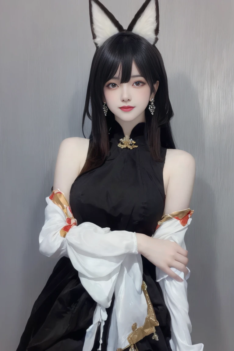     ulzzang-6500-v1 .1,(raw photo:1.2),((photorealistic:1.30)), ((best quality)) ,((masterpiece)),((Ultra High Resolution)), ((Clear View)),,Ultra-high resolution,Clear face,（Reality：1.4) ,  illustration, an extremely delicate and beautiful, extremely detailed ,CG ,unity ,8k wallpaper, Amazing, finely detail, masterpiece,best quality,official art,extremely detailed CG unity 8k wallpaper,absurdres, incredibly absurdres, huge filesize, ultra-detailed,  highres icon, extremely detailed,beautiful detailed girl, extremely detailed eyes and face, beautiful detailed eyes,light on face,cinematic lighting, 1girl, solo, bangs, looking at viewer, smile, standing, cowboy shot, tingyun cosplay, (black hair:1.5), long hair, Animal ears, , hair ornament, simple background, (upper body:1.3), absurddress, Chinese dress,  short dress, wide arms, (arm sleeves:1.3), Earring, jewelry, outdoors, flower garden background,(standing:1.3), (upper body:1.3),