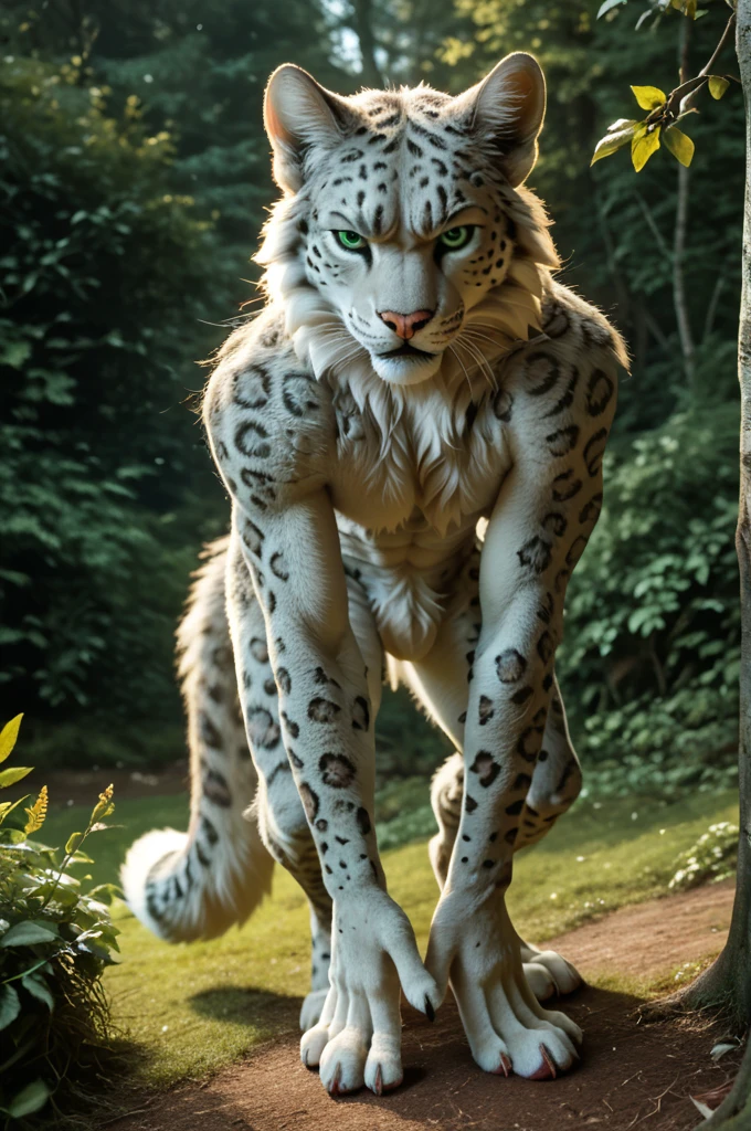 score_9, score_8_up, score_7_up, score_6_up, detailed background, full body, anthro male snow leopard, stands upright and straight, front view, angry look, detailed fur, solo, high quality, furred body, fluffy, green eyes, looks at the viewer, strong pattern all over the body, summer meadow in the forest garden, highly detailed, realistic fur, photorealism, photorealistic, fighter, realistc male genitalia 
