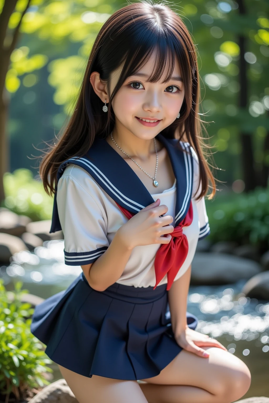 (masterpiece:1.2, top quality ,real photo),****ars old , japanese ,girl,break,,,(not nsfw ,,school uniform,lift skirt:1.5),break,((),break,(on the bank of spring,forest,,no nipples:1.3),break,(smile:1.),break,(  pose,petie,, fancy earrings, necklace ,, small chest ,  ,  ,  .:1.1),(short height, Very Slim Body,pale skin,soft skin :1.2),break, black hair,long hair,(Beautiful and cute eyes),Blushed,  healthy skin, ,break,( Watch Viewers .throw:1.3),(sea:1 ),8k resolution,,break,(perfectly focused :1.3),,(, colorful ,:1),,( depth of field ),,Bokeh,A small bikini with a ,Luminous and  colorful  lighting setup for model photography,lens flare,, cinematic lighting,   ray tracing 、