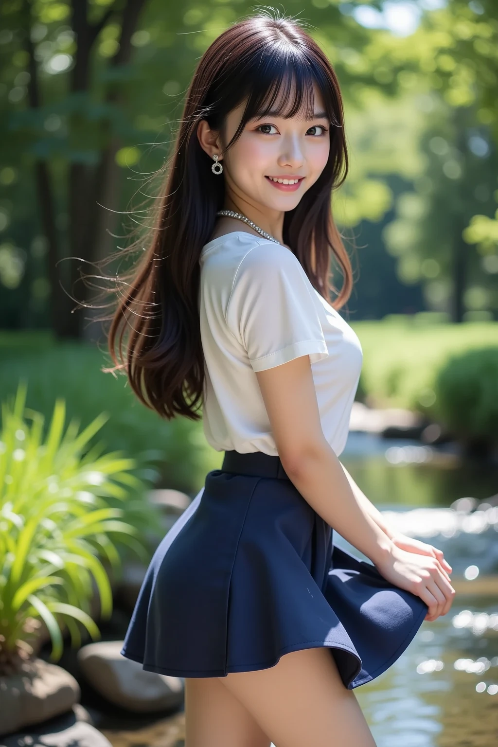 (masterpiece:1.2, top quality ,real photo),16years old , japanese ,girl,break,,,(not nsfw ,,school uniform,lift skirt:1.5),break,((),break,(on the bank of spring,forest,,no nipples:1.3),break,(smile:1.),break,(  pose,petie,, fancy earrings, necklace ,, small chest ,  ,  ,  .:1.1),(short height, Very Slim Body,pale skin,soft skin :1.2),break, black hair,long hair,(Beautiful and cute eyes),Blushed,  healthy skin, ,break,( Watch Viewers .throw:1.3),(sea:1 ),8k resolution,,break,(perfectly focused :1.3),,(, colorful ,:1),,( depth of field ),,Bokeh,A small bikini with a ,Luminous and  colorful  lighting setup for model photography,lens flare,, cinematic lighting,   ray tracing 、