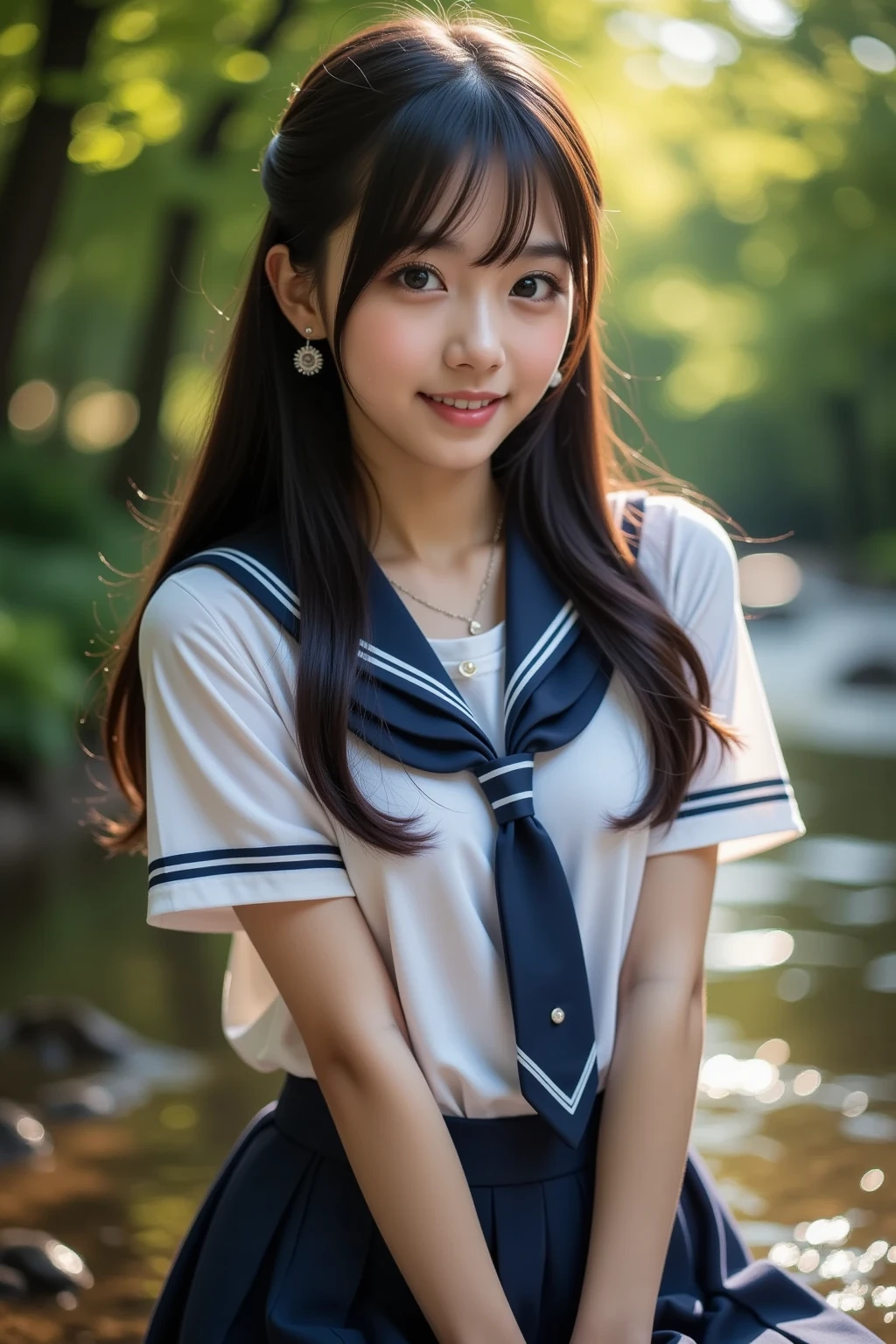 (masterpiece:1.2, top quality ,real photo),16years old , japanese ,girl,break,,,(not nsfw ,,school uniform,lift skirt:1.5),break,((),break,(on the bank of spring,forest,,no nipples:1.3),break,(smile:1.),break,(  pose,petie,, fancy earrings, necklace ,, small chest ,  ,  ,  .:1.1),(short height, Very Slim Body,pale skin,soft skin :1.2),break, black hair,long hair,(Beautiful and cute eyes),Blushed,  healthy skin, ,break,( Watch Viewers .throw:1.3),(sea:1 ),8k resolution,,break,(perfectly focused :1.3),,(, colorful ,:1),,( depth of field ),,Bokeh,A small bikini with a ,Luminous and  colorful  lighting setup for model photography,lens flare,, cinematic lighting,   ray tracing 、