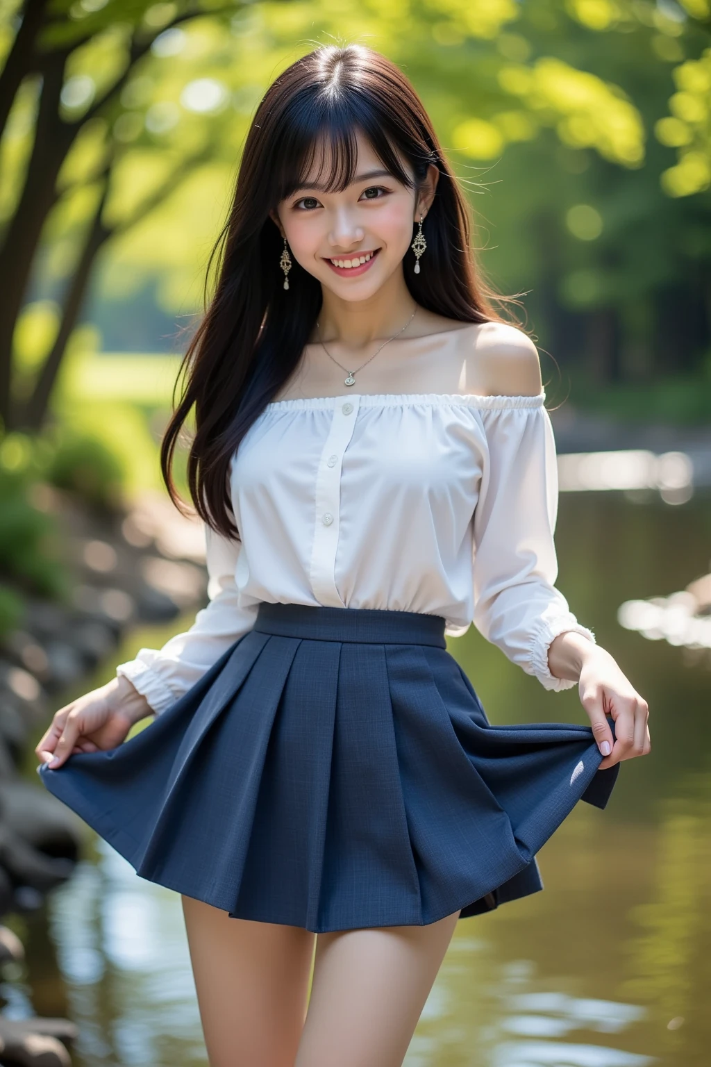 (masterpiece:1.2, top quality ,real photo),16years old , japanese ,girl,break,,,(not nsfw ,,school uniform,lift skirt:1.5),break,((),break,(on the bank of spring,forest,,no nipples:1.3),break,(smile:1.),break,(  pose,petie,, fancy earrings, necklace ,, small chest ,  ,  ,  .:1.1),(short height, Very Slim Body,pale skin,soft skin :1.2),break, black hair,long hair,(Beautiful and cute eyes),Blushed,  healthy skin, ,break,( Watch Viewers .throw:1.3),(sea:1 ),8k resolution,,break,(perfectly focused :1.3),,(, colorful ,:1),,( depth of field ),,Bokeh,A small bikini with a ,Luminous and  colorful  lighting setup for model photography,lens flare,, cinematic lighting,   ray tracing 、