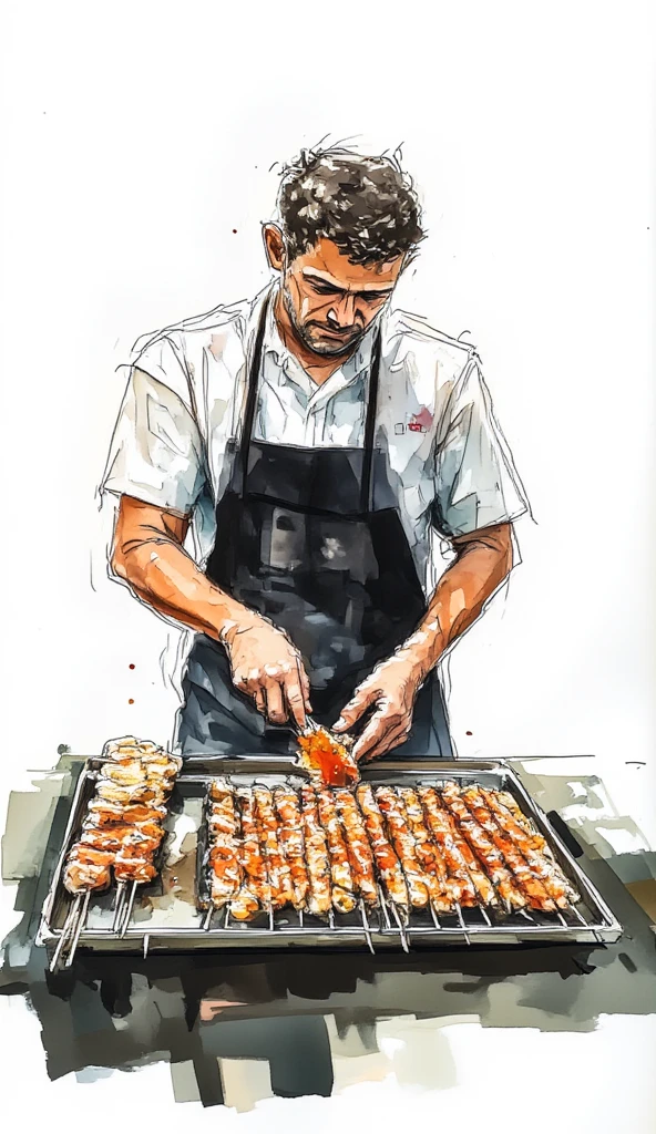 a photograph of a man in apron making satay in his food stall, white background