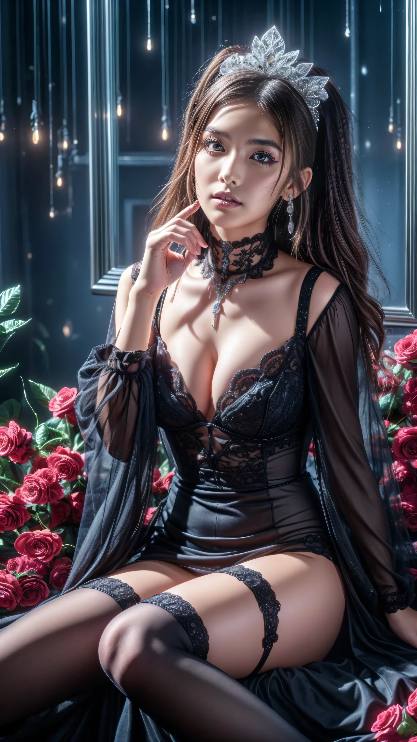 (  girl),(  very detailed目,  very detailed顔), ( realistic にสุดๆ,  high res ), (  top quality :1.4), (  top quality ), 5, Midea, 1人の girl,score_9, score_8_ up, score_7_ up, score_6_ up, score_5_ up, score_4_ up,  real skin texture deep into the night,  RAW photos , ( realistic に,  realistic :1.37),  very detailed,  Pro Pictures , (masterpiece:1.3,  top quality ,  Ultra High Resolution ,  ultra More), ( realistic , photo realistic :1.4),  beautiful illustration ,  perfect lighting,  natural light,  depth of field , beautiful detailed hair,  beautiful detailed face , beautiful detailed eyes,  beautiful collarbone,  beautiful body ,  beautiful breasts ,  beautiful thighs,  beautiful legs,  look under her beautiful fingers,  viewers、Hard Dark Gothic makeup、Deep Night Sky、Horror、Black dark eyeshadow、cry、sad、Good skin radiance、Dark Gothicメイク、Dark smile、palace、The beauty of fragrance、24-years-old、Expressions of intense sexual pleasure、Embarrassed look、Dark Gothic、Obscene language、highest quality、Drunk face、紫のMaid clothes、Mysterious、Noble、sexy、Loving smile、Twin tail hair、Right blue eye, Left eye is red、Platform Heel Shoes、Heavy makeup、Gothic ****ta Clothing、A little slimmer、Silver Hair、Long Hair Straight Hair、Cute Gothic ****ta Dress、Beautiful Face、elegant features、Fascinating face、Stained glass is the background、Chest glistening with sweat、The room is dark、goth long dress、Bell Sleeves、Wizard Sleeve、Decadent look、Sexually excited expression、Glossy thighs wet with water、Thighs that are wet and shiny with oil、Background of a room full of roses、sad expression、Rose Maiden、The embroidery is pink、The dress has pink embroidery、Thigh-high socks、Knee-high socks、Gentle expression、Dark black eyeshadow、 Stained Glass and Rose Background 、Female Duo、Female couple、dark church background、Stained glass、Black metal world、Dark Castle、Dark Room、Slender body、upright、walk、Are standing、gothic long dresaid clothes、Victorian dresses、Her thighs glisten with sweat、My body is wet and shiny、Lots of gli