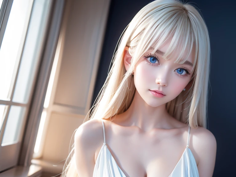 Portrait、、Bright expression、Young, lustrous, glowing, white skin、The best beauty、Blonde reflection、piper peri , Platinum blonde hair with dazzling highlights、Shiny and shiny hair,、Super long silky straight hair、Shiny beautiful bangs、Big, bright, light blue eyes that shine beautifully、Very big eyes、Very beautiful nice cute 15 year old beautiful girl、Ample Bust、The skin is delicate,Head up,Giant Mouth,look at me,((full throat),((breathe)),(Throat),Sweat,Interrupt),the dress is dripping,super low neck dress,No underwear,Pantyless,Water spray、bangs over eyes、片bangs over eyes、Bangs between the eyes、Small Face Beauty、Cheek gloss highlighter、Small Face Beauty、Round face
