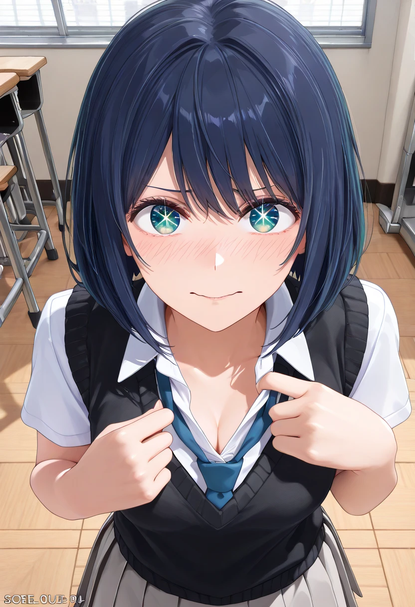 (ultra realistic photo, raw photo, portrait, Realism, 3D rendering, from movie stills, blender render, art academia, main artwork, soft lines, steampunk)、break 1girl, alone, Akane Kurokawa \(Oshi no Ko\), Dark blue hair, Dark blue eyes, school uniform, black sweater vest, white shirt, collared shirt , Blue tie, sailor vest, medium breasts, gray skirt, pleated skirt at the top of the screen, BREAK Inside, classroom, break (from above, looking at viewer, face focus,(close-up)),BREAK (Finger pulling  clothes to show off cleavage),(evil smileing, embarrassed)