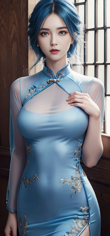 (Hyperrealistic), (illustration), (high resolution), (8K), (Extremely detailed), (Best Illustration), (Beautiful detailed eyes), (Best quality), (Ultra-detailed), (Masterpiece), (the wallpaper), (Photorealistic), (Natural light), (rim lit), (Detailed face), (Highly detailed realistic skin textures), (Anatomically correct), (Solo), (1 girl), (high detailed realistic hair), (Blue hair:1.2), spiked hair, (Heterochromic eyes), (detailed green eyes), (Small moles under the eyes), (Realistic big breasts:1.5), (Exposed breasts:1.3), (Long legs), (Slender abs), (Dynamic pose), (Closed mouth:1.3), (traditional Hanfu attire), (Sheer clothes:1.5), NSFW,