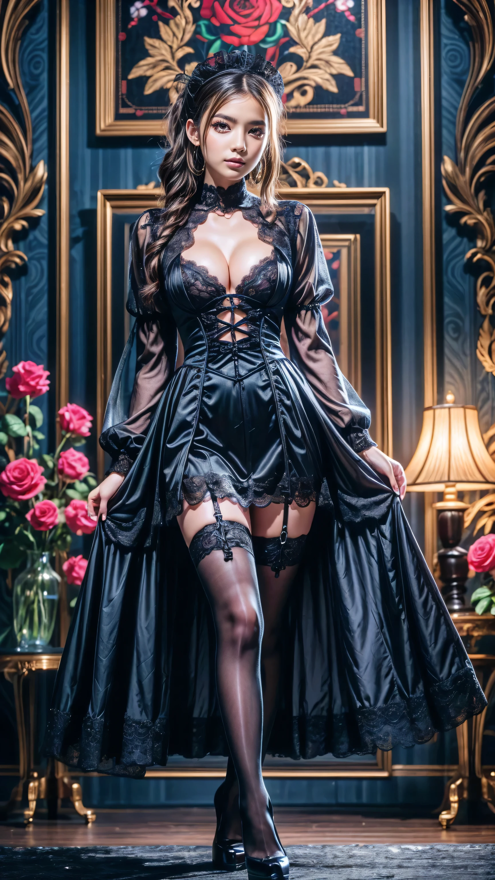 Attractive dressing Beautiful curl hairs,perfect facial features of well dressed Women in bedroom empty hand's ,looks like gorgeous wife giving a eligent pose wearing princess wedding gown dress, ((with big body curves, attractive queen diamond crown full dressed red and black clothing,bouncy breasts:2.4 thin waist,big wide hips , but gigantic thighs)) wearing necklaces with princess sexy attractive long frock clothes full body clothing wedding red and black bride clothes flowen net design frock