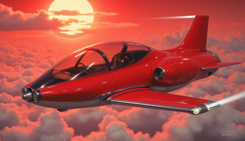 A vibrant red futuristic personal air vehicle, sleek and aerodynamic, soars through a crimson sunset sky with a large, glowing, pale orange-yellow moon dominating the upper left quadrant.  The craft's smooth, polished exterior shimmers under the dramatic lighting.  Sharp, angular lines define the fuselage and wings, giving it a distinctive, almost automotive aesthetic.  The vehicle's cockpit has a large, somewhat transparent window that hints at the interior, and glowing accents suggest futuristic technology.  The background is a soft-edged,gradient  reddish-purple sky filled with stylized clouds that subtly meld into the sunset hues. The color palette is saturated and vibrant.  The perspective shows the vehicle in mid-flight, with a slight downward angle, emphasizing its speed and power.  The overall mood is one of futuristic adventure and awe.  The illustration's style combines  elements of smooth realism with a touch of cartoonish dynamism that conveys a sense of speed and imagination.  Dynamic lighting and a strong sense of volume bring the image to life.  This illustration embodies smooth, vibrant colors, and futuristic forms in its design. Art style: futuristic illustration,  digital painting.