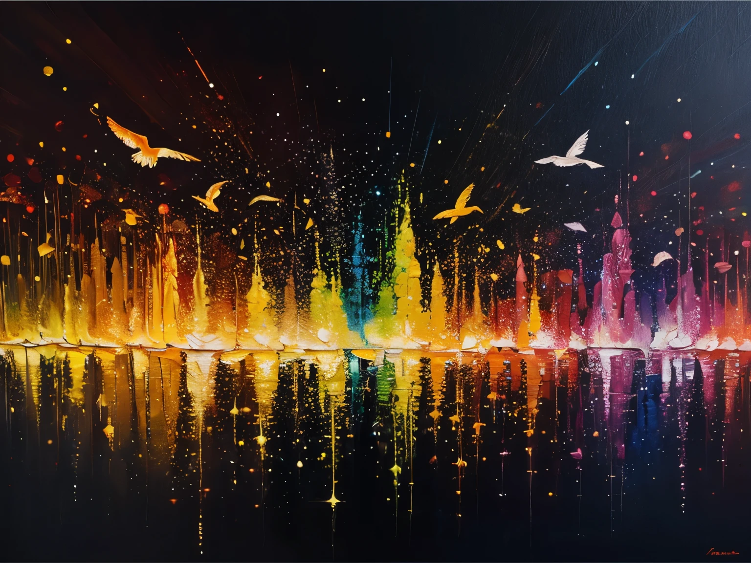 Colorful Brush Strokes oil painting abstract birds with glittering 4k resolutions