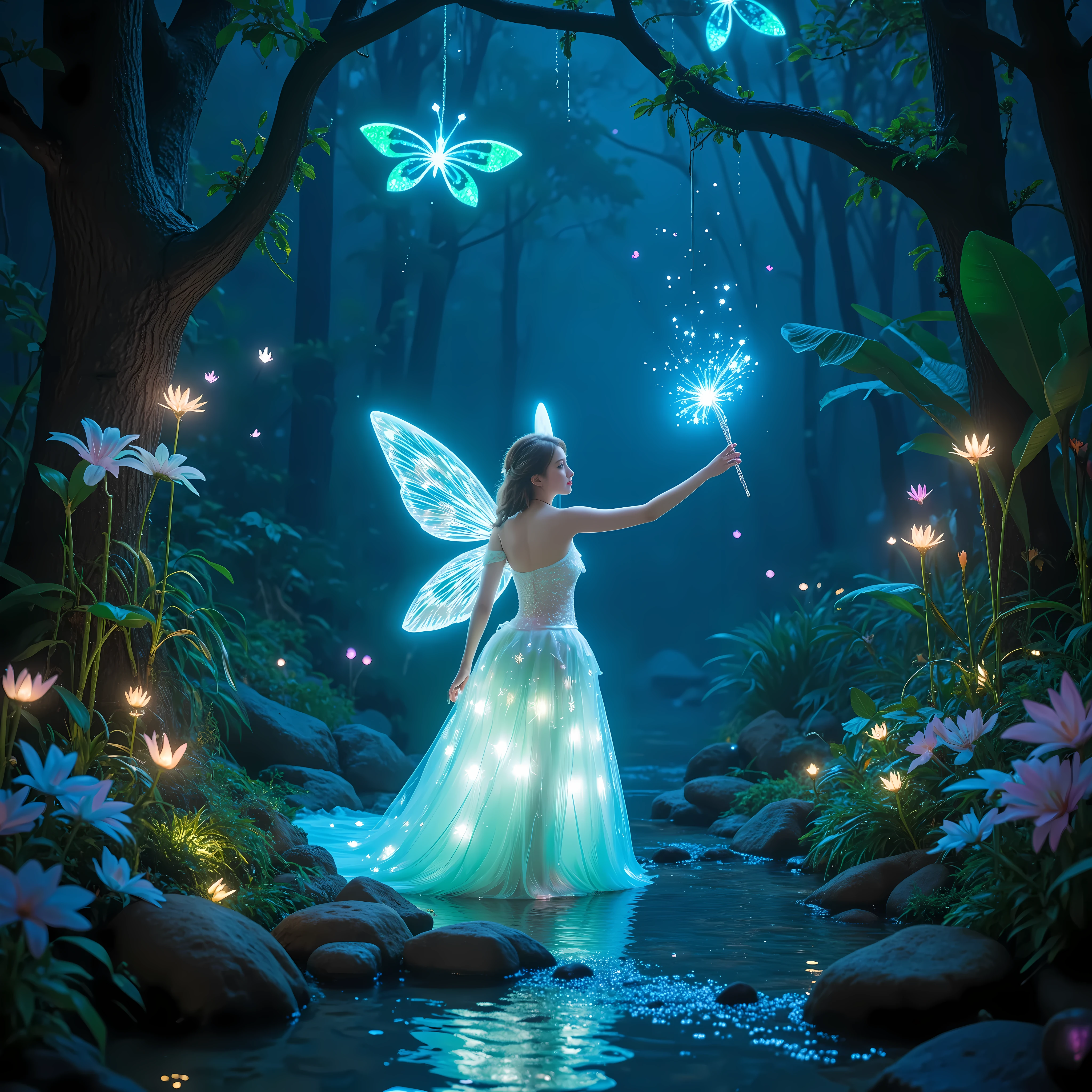 "A delicate fairy with shimmering, translucent wings stands in the heart of a vibrant, magical jungle. Her gown, made of glowing petals, radiates soft light, illuminating the surrounding area. Towering, bioluminescent trees with twisting roots rise above her, their leaves glowing in hues of blue and green. Exotic flowers bloom with iridescent colors, releasing sparkling pollen into the air. Tiny, luminescent creatures flutter around her, drawn to her ethereal glow. A crystal-clear stream flows nearby, its waters sparkling like liquid diamonds. The fairy holds a wand made of twisted silver and emerald, casting a gentle spell that makes the jungle come alive with even more vivid colors and light."