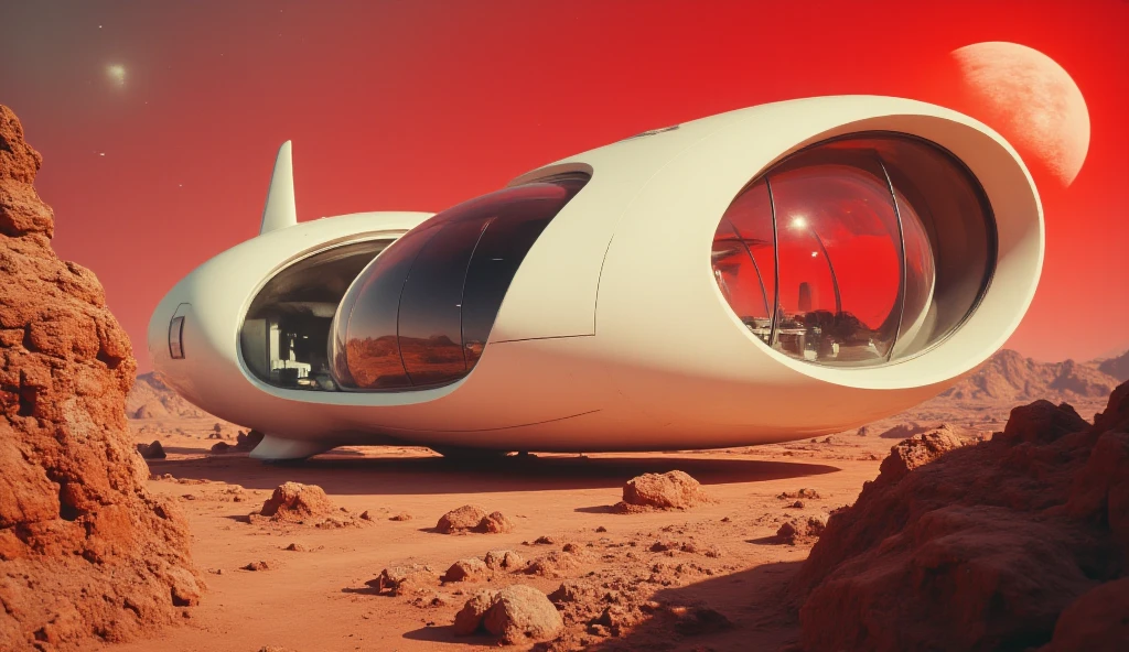 A futuristic, organically shaped building, resembling a spaceship, rests on a crimson-hued alien landscape.  The structure's smooth, flowing lines are predominantly white, contrasting with the fiery red sunset reflecting on its large, tinted windows.  Intricate curves and seamless transitions define the building's unique form.  A large, pale moon-like orb hangs in a fiery red sky.  The Martian-like terrain displays muted tones of beige and rust, accented by rock formations.  Dramatic lighting emphasizes the building's architectural features.  The overall style is futuristic and otherworldly, evoking a sense of alien wonder and advanced design.  The perspective is from slightly below the building, looking up to the structure. Vivid colors and smooth surfaces form a stark contrast.  A sense of vastness and isolation permeates the scene.  Detailed texture and material renderings appear in the building and the terrain.  Architectural style is evocative of futuristic spaceship design and organic architecture.  The mood is serene and awe-inspiring.