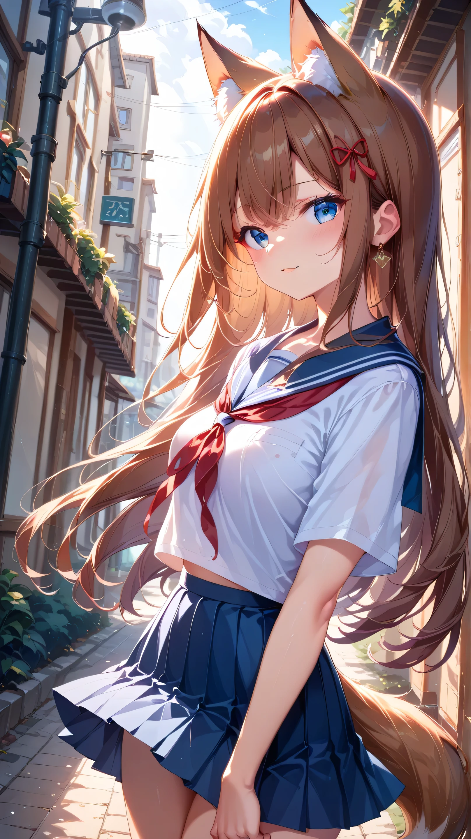  1 girl、 long hair、 blue eyes、 brown hair、Fox Ears、tail、whole body、 school uniform、 red ribbon 、 anime style、 miniskirt 