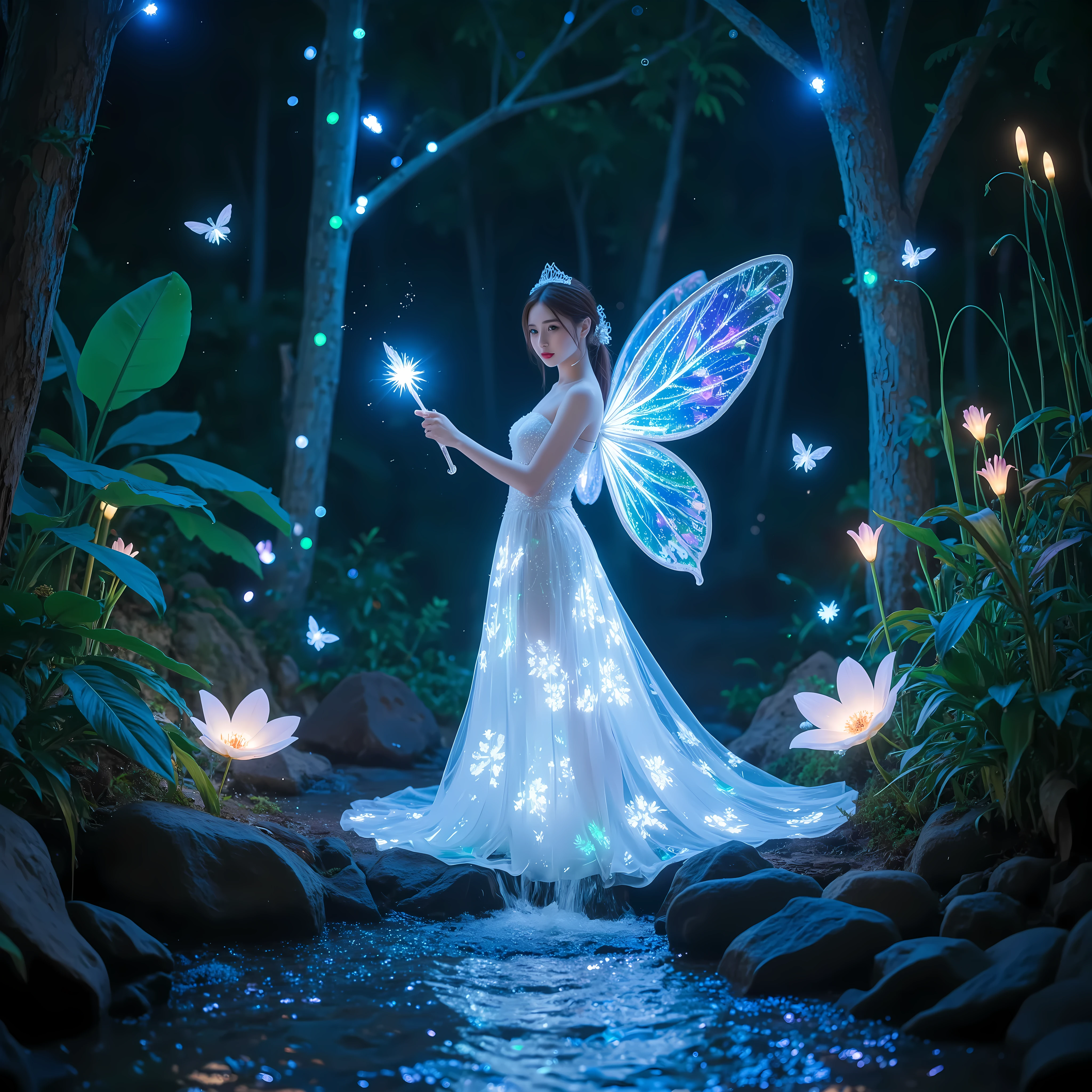 "A delicate fairy with shimmering, translucent wings stands in the heart of a vibrant, magical jungle. Her gown, made of glowing petals, radiates soft light, illuminating the surrounding area. Towering, bioluminescent trees with twisting roots rise above her, their leaves glowing in hues of blue and green. Exotic flowers bloom with iridescent colors, releasing sparkling pollen into the air. Tiny, luminescent creatures flutter around her, drawn to her ethereal glow. A crystal-clear stream flows nearby, its waters sparkling like liquid diamonds. The fairy holds a wand made of twisted silver and emerald, casting a gentle spell that makes the jungle come alive with even more vivid colors and light."