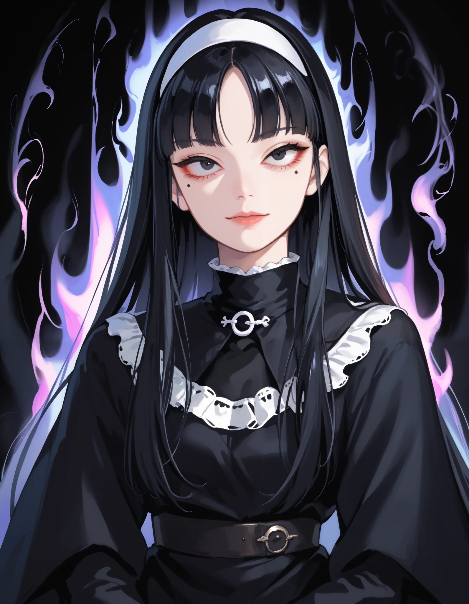 Score_9, score_8_up, score_7_up, score_6_up, source_anime, rating:general, 1girl, gothic girl, pale white skin, black eyes, black hair, long hair, blunt bangs, parted bangs, white hairband, mole under left eye, portrait, black dress (lace trim), head tilt, sultry look, mysterious, 8k quality, vivid colors, perfect lighting, perfect shadowing, SmokeyAura, Aura, Smoke, eldritch, lovecraftian, mysterious, facing viewer