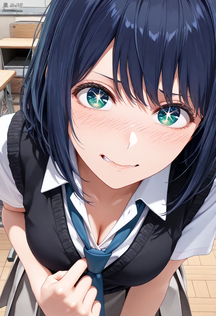 (ultra realistic photo, raw photo, portrait, Realism, 3D rendering, from movie stills, blender render, art academia, main artwork, soft lines, steampunk)、break 1girl, alone, Akane Kurokawa \(Oshi no Ko\), Dark blue hair, Dark blue eyes, school uniform, black sweater vest, white shirt, collared shirt , Blue tie, sailor vest, medium breasts, gray skirt, pleated skirt at the top of the screen, BREAK Inside, classroom, break (from above, looking at viewer, cleavage focus,(close-up)),BREAK (leaning forward, Finger pulling  clothes to show off cleavage),(evil smileing, embarrassed)