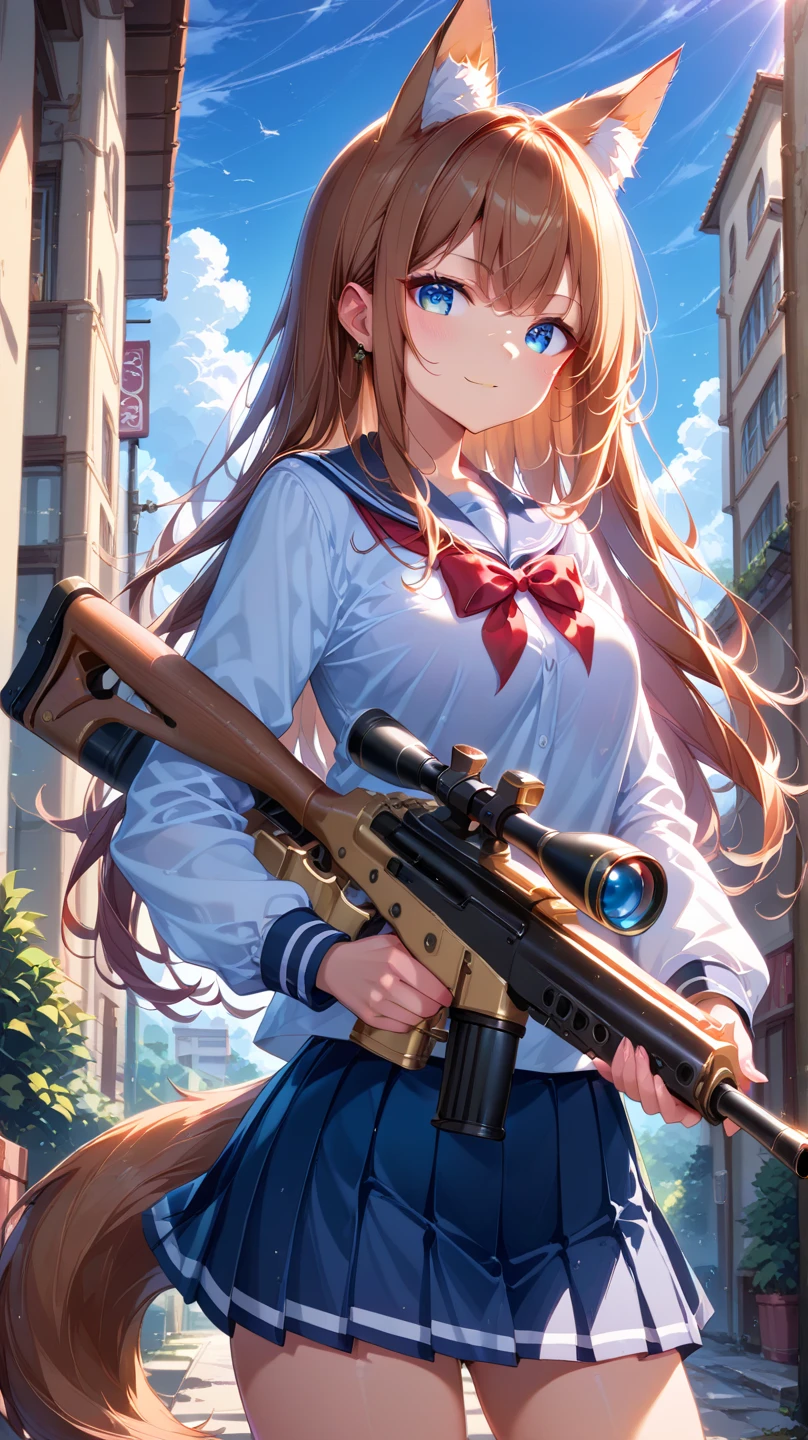  1 girl、 long hair、 blue eyes、 brown hair、Fox Ears、tail、whole body、 school uniform、 red ribbon 、 anime style、 miniskirt 、Holding a sniper rifle