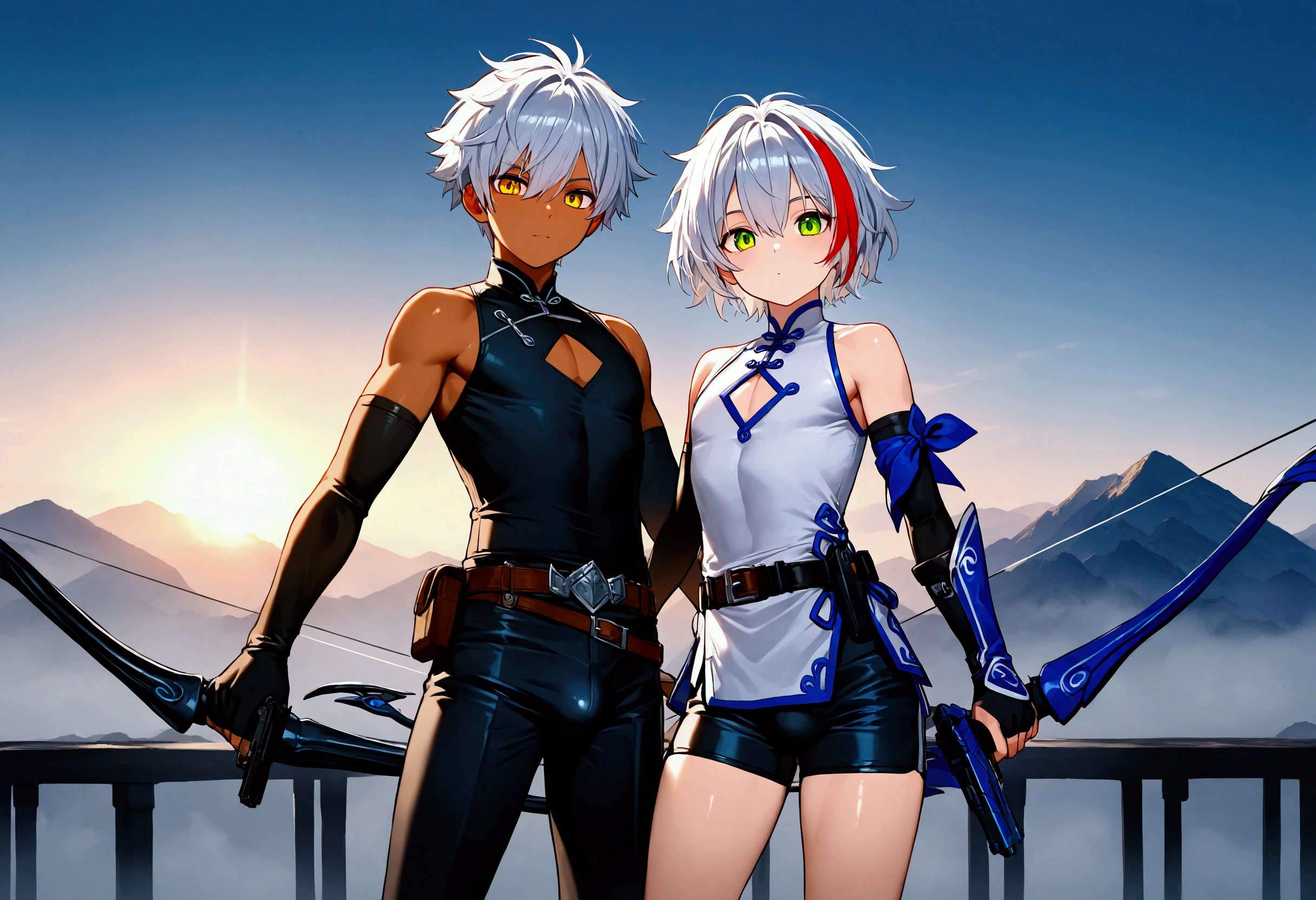 2boys, male, silver hair, short hair, red streaked, black streaked, messy hair, green eyes, yellow eyes, shiny dark skin, bulge, black short pants, gun belt, shirt belt, handgun, bow(weapon), chest cutout, open legs, white sleeveless qipao, blue edge line, black arm covers, metal handrail, cyberpunked, mountain, sunrise, sun, dramatic lighting, fog, ear accessory, masterpiece, best quality, symmetrical pose