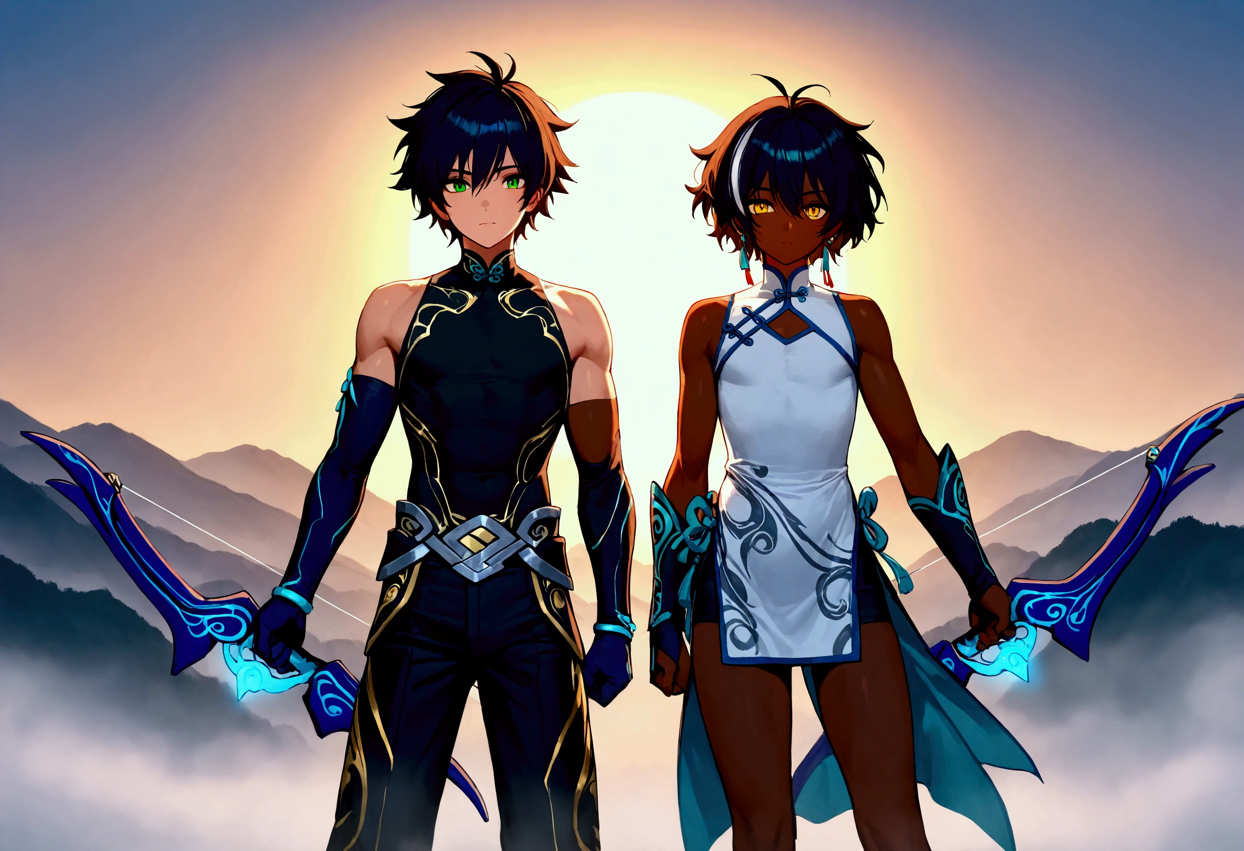 Kirito, Black egyptian dancer's clothing, blushing smile, brown skin, long black hair standing alone in the dance hall, big breasts breast enlargement looking into camera illustration, ultra-detailed, HDR, vibrant colors, soft lighting high quality and super detailed