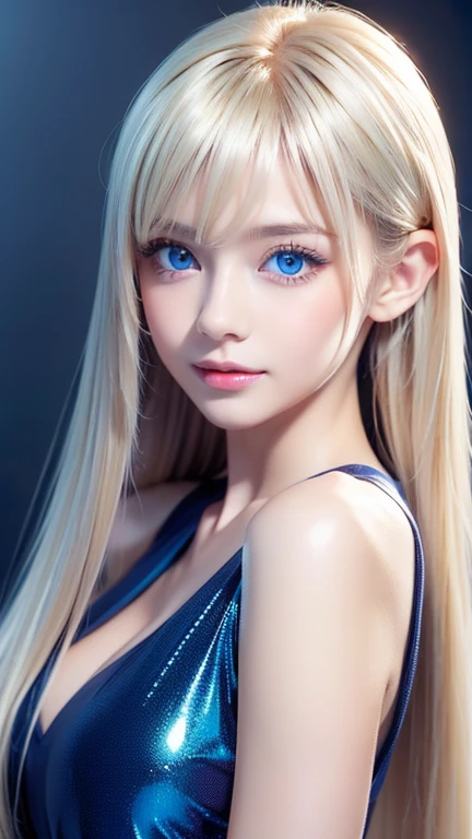 Sexy 17 year old with dazzling shiny blonde hair、The cutest little beautiful face in the world、Sparkling bangs dancing in front of her pretty face、Long, silky bangs that cover the eyes、Large, clear, bright blue eyes、Super long straight hair、Cute young woman with super long blonde shiny light hair
