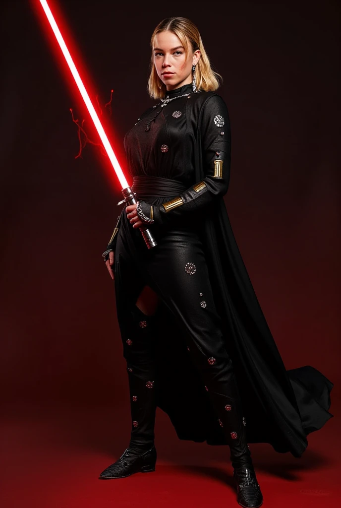 Milly Alcock, shoulder length blonde hair, sith eyes, black sith robe dress,holding a red lightsaber 