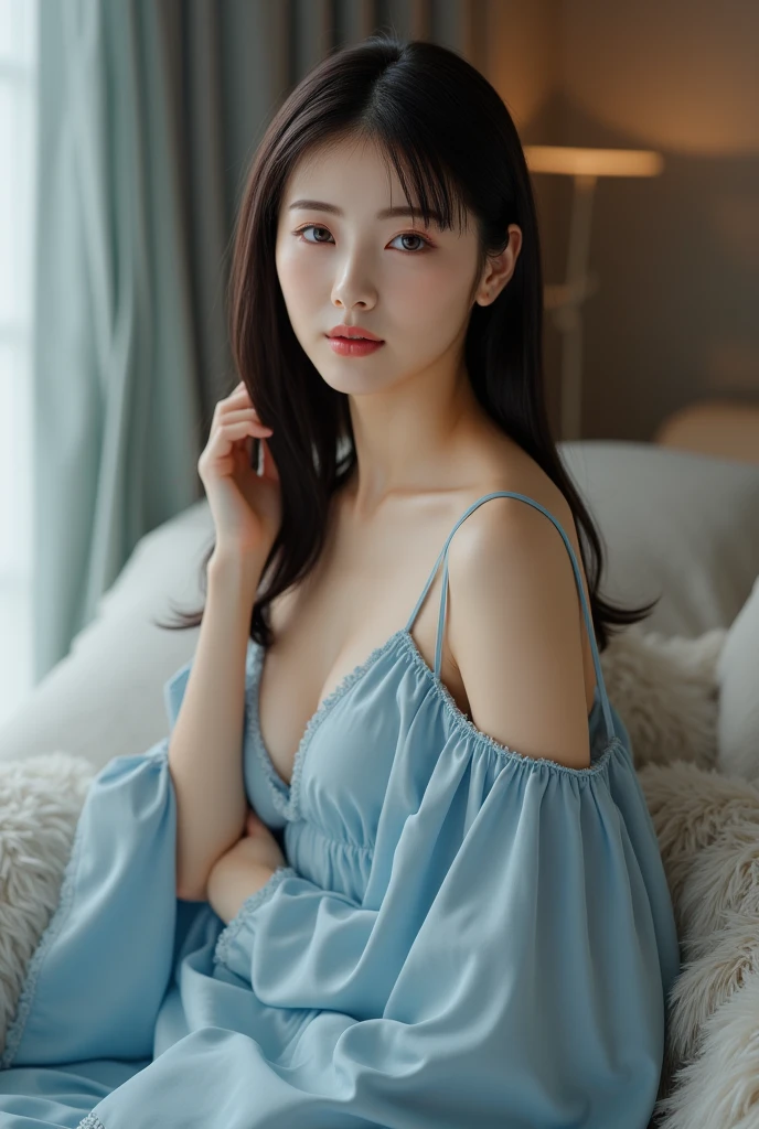 (Blackn clothes,Long slip dress,Lace),(mideum breasts:1.2),(Low neckline),Close-up of chest,Material details of the clothes