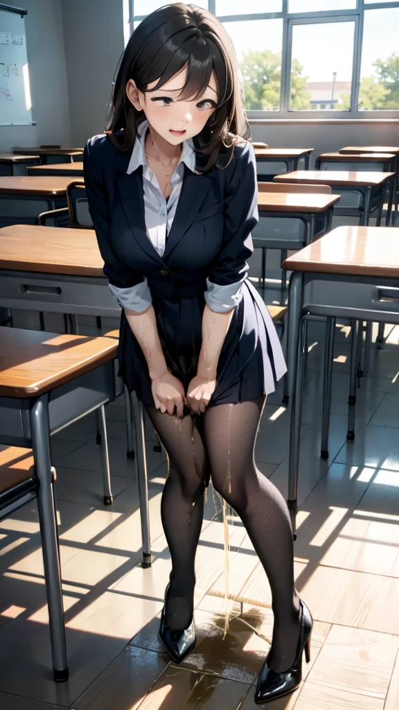 Female student teacher urinates in front of students、Urinary incontinence、peeing herself、A lot of pee、From below、White Suit、White Mini Skirt、High heels、Perfect figure、Extremely beautiful、classroom、Standing upright and peeing、Steam rising from the pee、Embarrassed、Being mocked by students